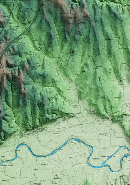 Mapa artístico del relieve de Flaçà, al Gironès, con 15 km de entorno y base topográfica ICGC. Detalle de la zona superior izquierda.