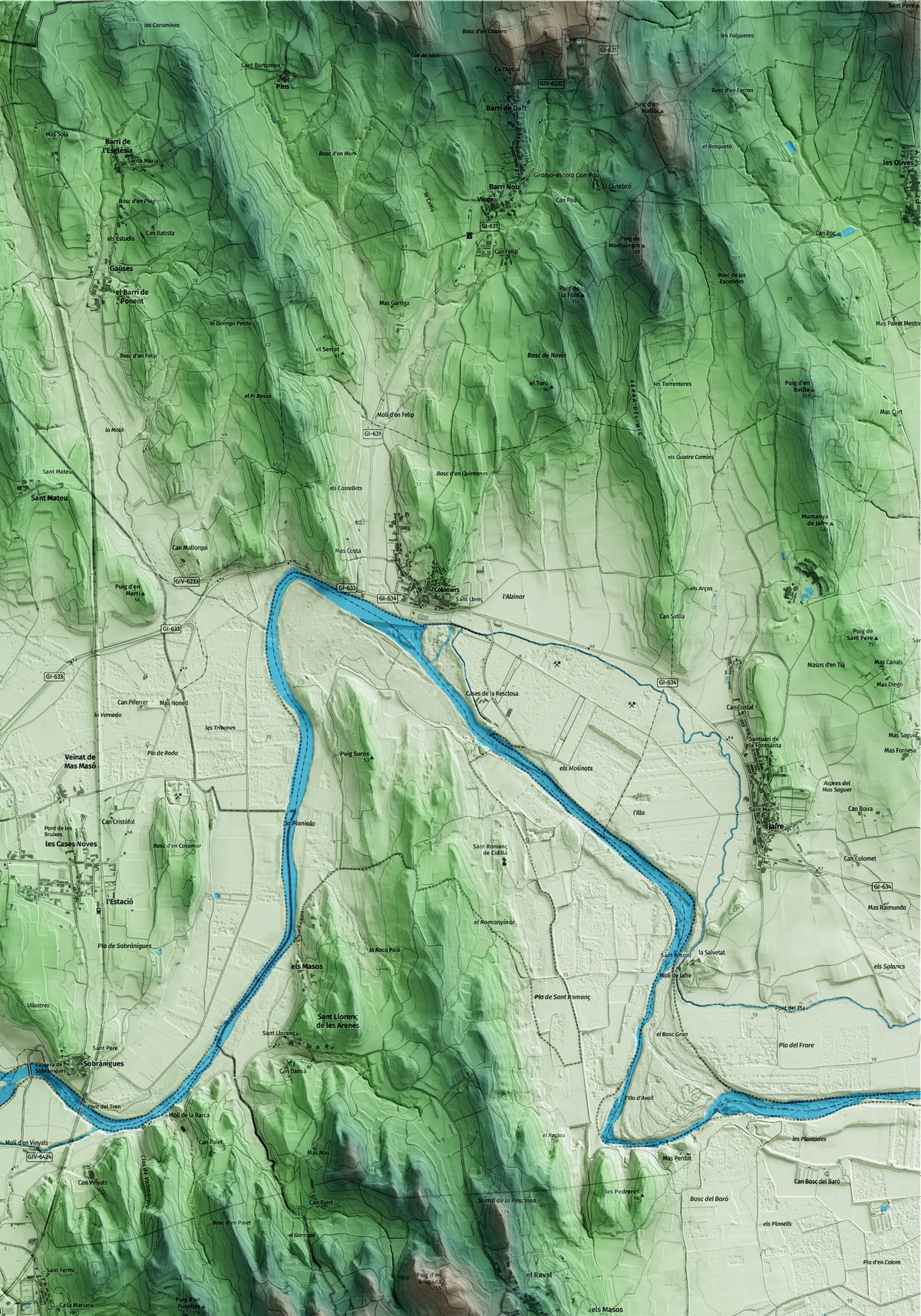 Mapa artístico del relieve de Flaçà, al Gironès, con 15 km de entorno y base topográfica ICGC. Detalle de la zona superior derecha.
