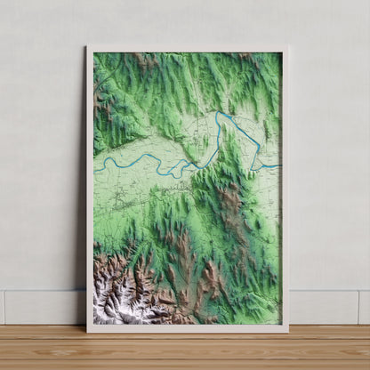 Mapa artístico del relieve de Flaçà, al Gironès, con 15 km de entorno y base topográfica ICGC. Presentación enmarcada.