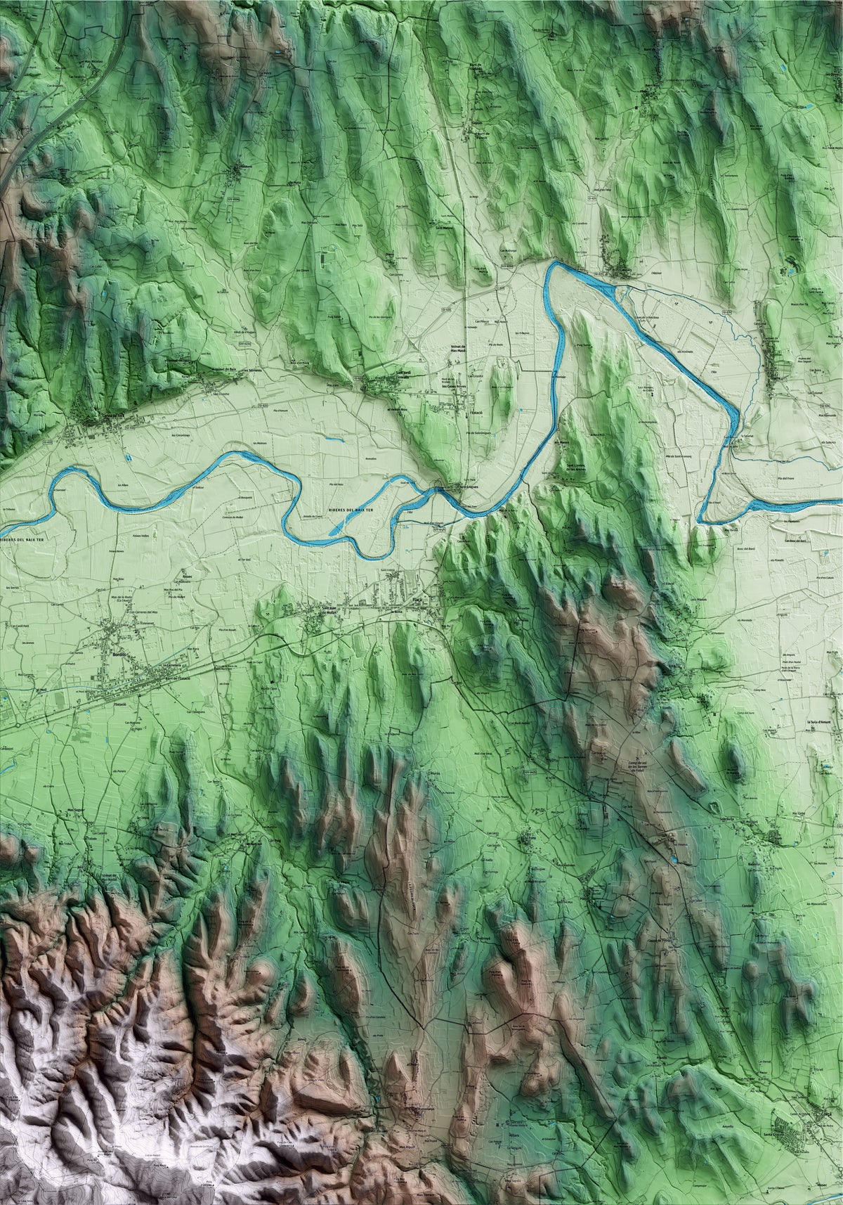 Mapa artístico del relieve de Flaçà, al Gironès, con 15 km de entorno y base topográfica ICGC