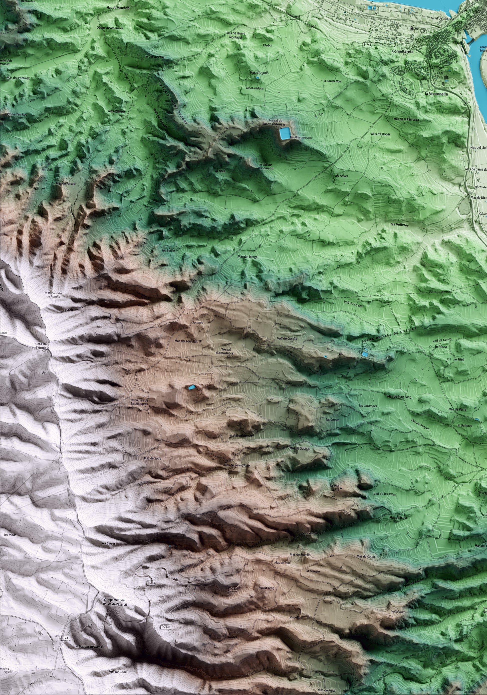 Mapa artístico del relieve de Flix, a la Ribera de Ebro, con 15 km de entorno y base topográfica ICGC. Detalle de la zona inferior izquierda.