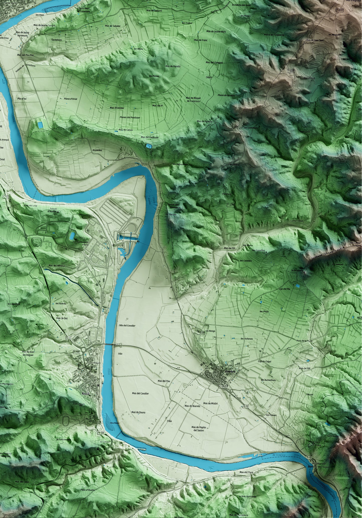 Mapa artístico del relieve de Flix, a la Ribera de Ebro, con 15 km de entorno y base topográfica ICGC. Detalle de la zona inferior derecha.