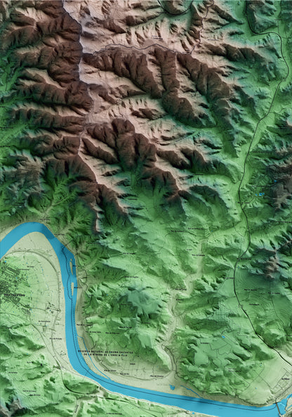 Mapa artístico del relieve de Flix, a la Ribera de Ebro, con 15 km de entorno y base topográfica ICGC. Detalle de la zona superior izquierda.