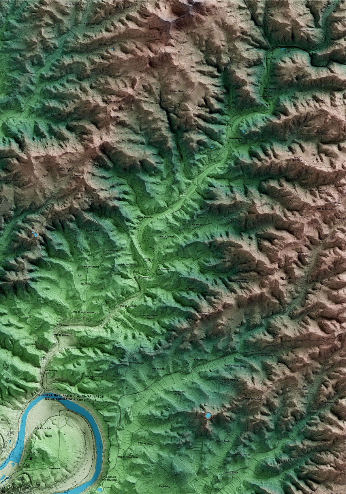 Mapa artístico del relieve de Flix, a la Ribera de Ebro, con 15 km de entorno y base topográfica ICGC. Detalle de la zona superior derecha.