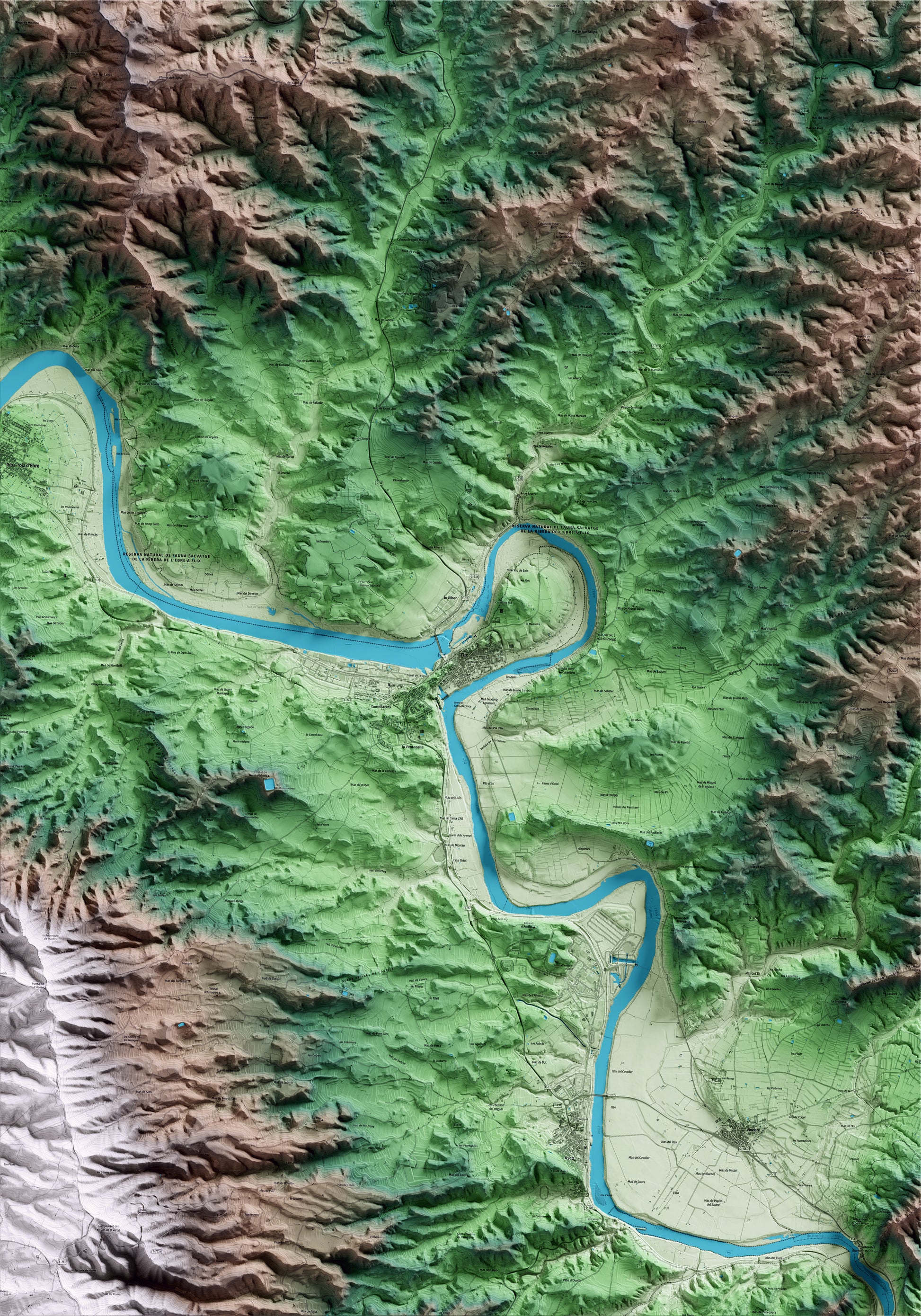 Mapa artístico del relieve de Flix, a la Ribera de Ebro, con 15 km de entorno y base topográfica ICGC