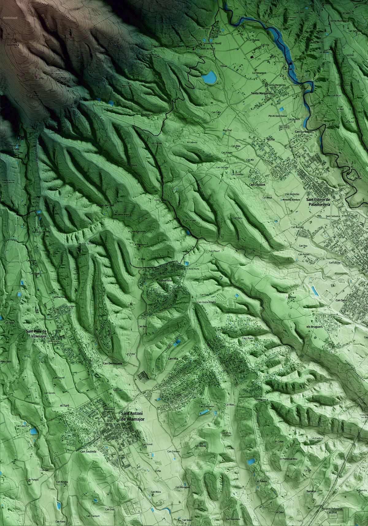 Mapa artístico del relieve de Fogars de Montclús, al Vallès Oriental, con 15 km de entorno y base topográfica ICGC. Detalle de la zona inferior izquierda.