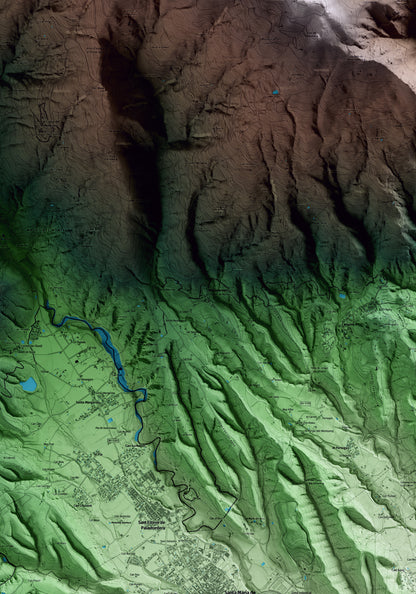 Mapa artístico del relieve de Fogars de Montclús, al Vallès Oriental, con 15 km de entorno y base topográfica ICGC. Detalle de la zona central.