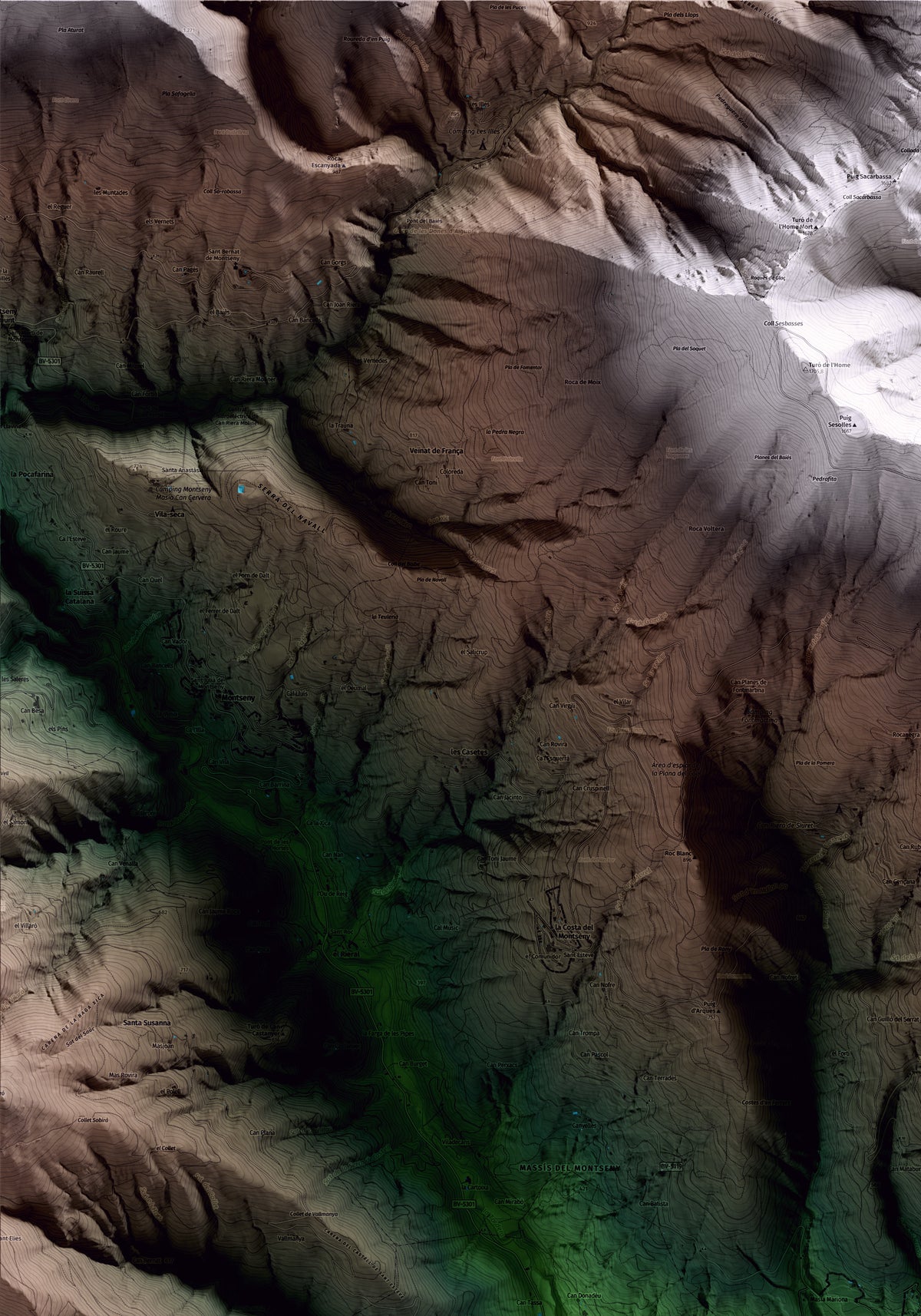 Mapa artístico del relieve de Fogars de Montclús, al Vallès Oriental, con 15 km de entorno y base topográfica ICGC. Detalle de la zona superior izquierda.