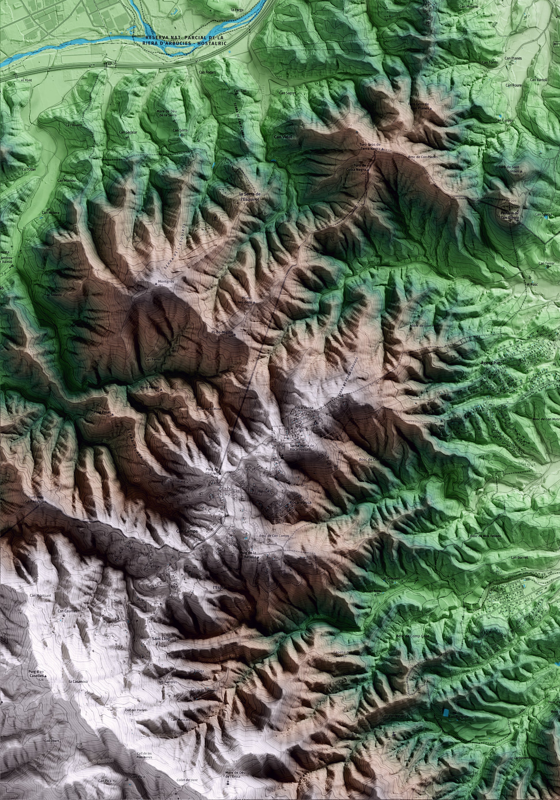 Mapa artístico del relieve de Fogars de la Selva, a la Selva, con 15 km de entorno y base topográfica ICGC. Detalle de la zona inferior izquierda.