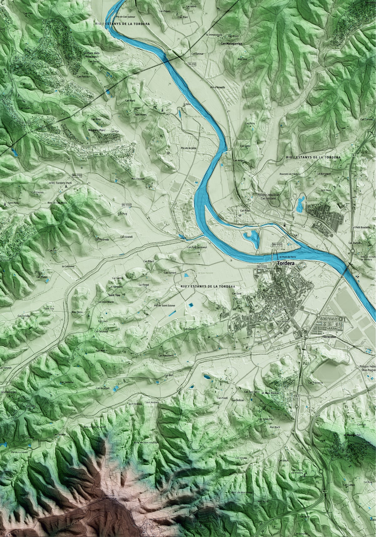 Mapa artístico del relieve de Fogars de la Selva, a la Selva, con 15 km de entorno y base topográfica ICGC. Detalle de la zona inferior derecha.