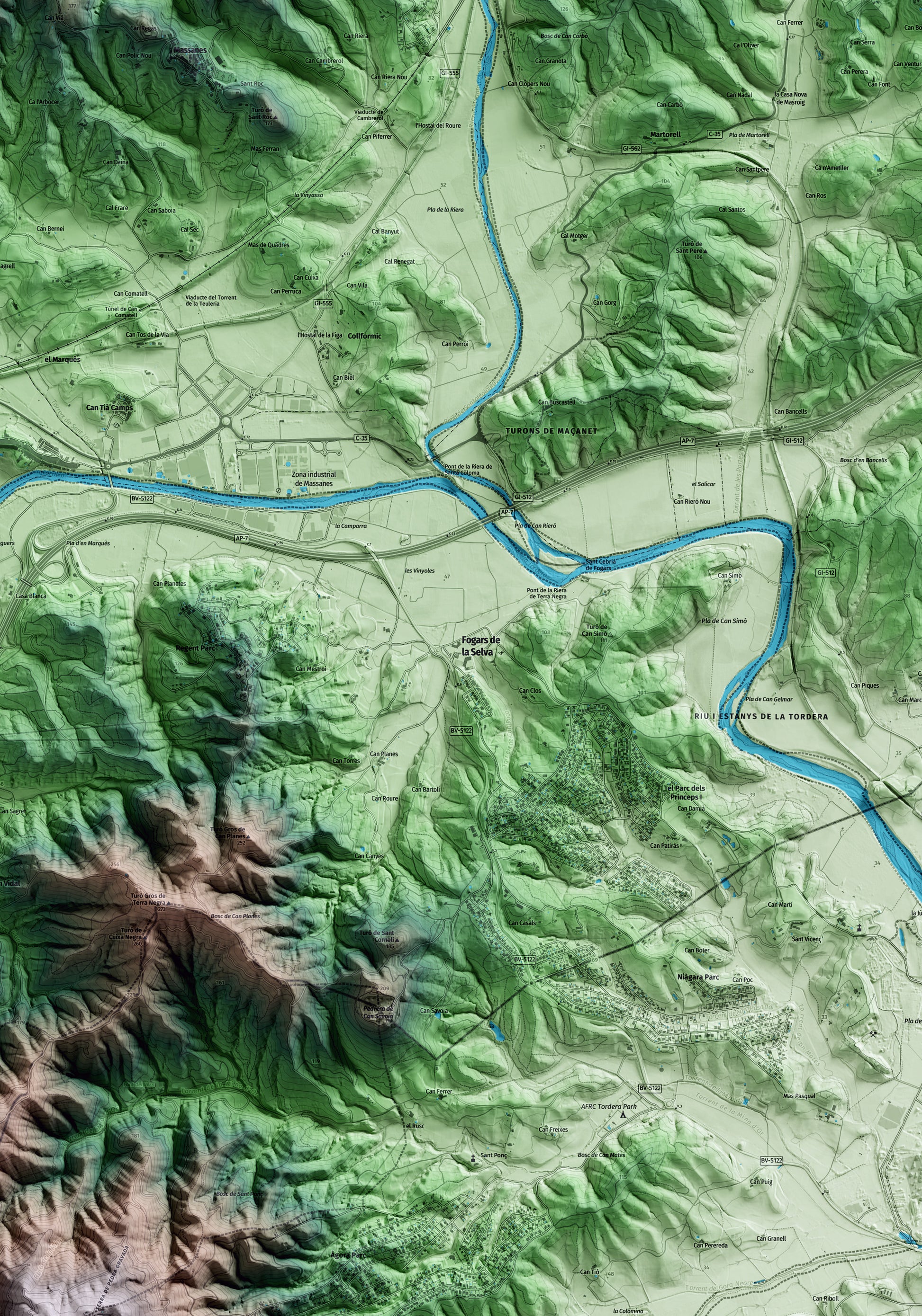 Mapa artístico del relieve de Fogars de la Selva, a la Selva, con 15 km de entorno y base topográfica ICGC. Detalle de la zona central.