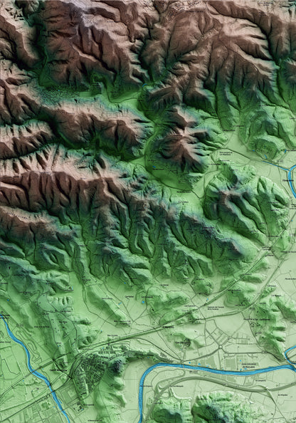 Mapa artístico del relieve de Fogars de la Selva, a la Selva, con 15 km de entorno y base topográfica ICGC. Detalle de la zona superior izquierda.