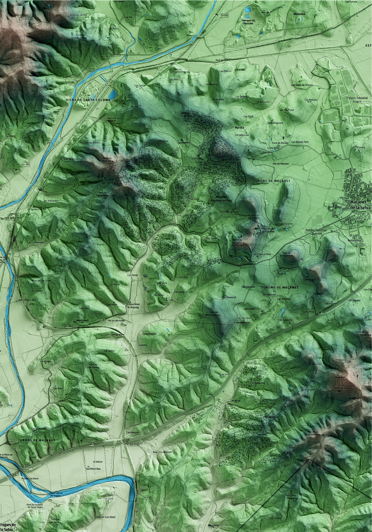 Mapa artístico del relieve de Fogars de la Selva, a la Selva, con 15 km de entorno y base topográfica ICGC. Detalle de la zona superior derecha.