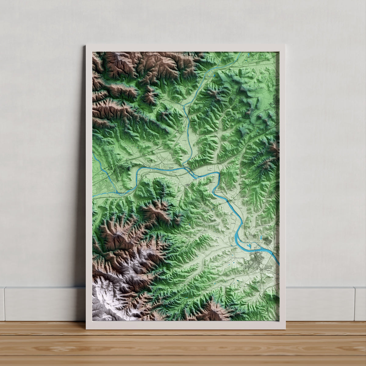 Mapa artístico del relieve de Fogars de la Selva, a la Selva, con 15 km de entorno y base topográfica ICGC. Presentación enmarcada.