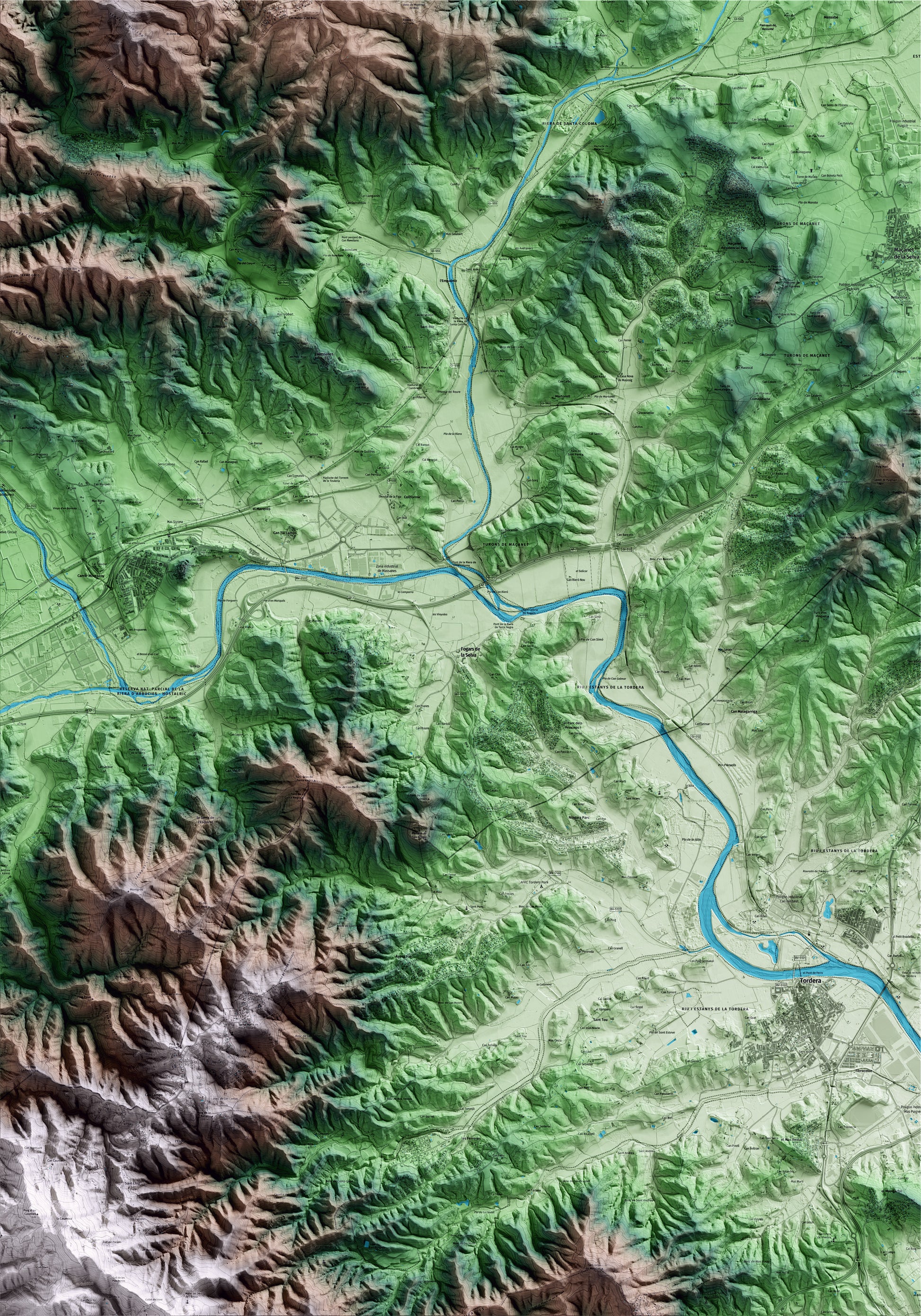 Mapa artístico del relieve de Fogars de la Selva, a la Selva, con 15 km de entorno y base topográfica ICGC