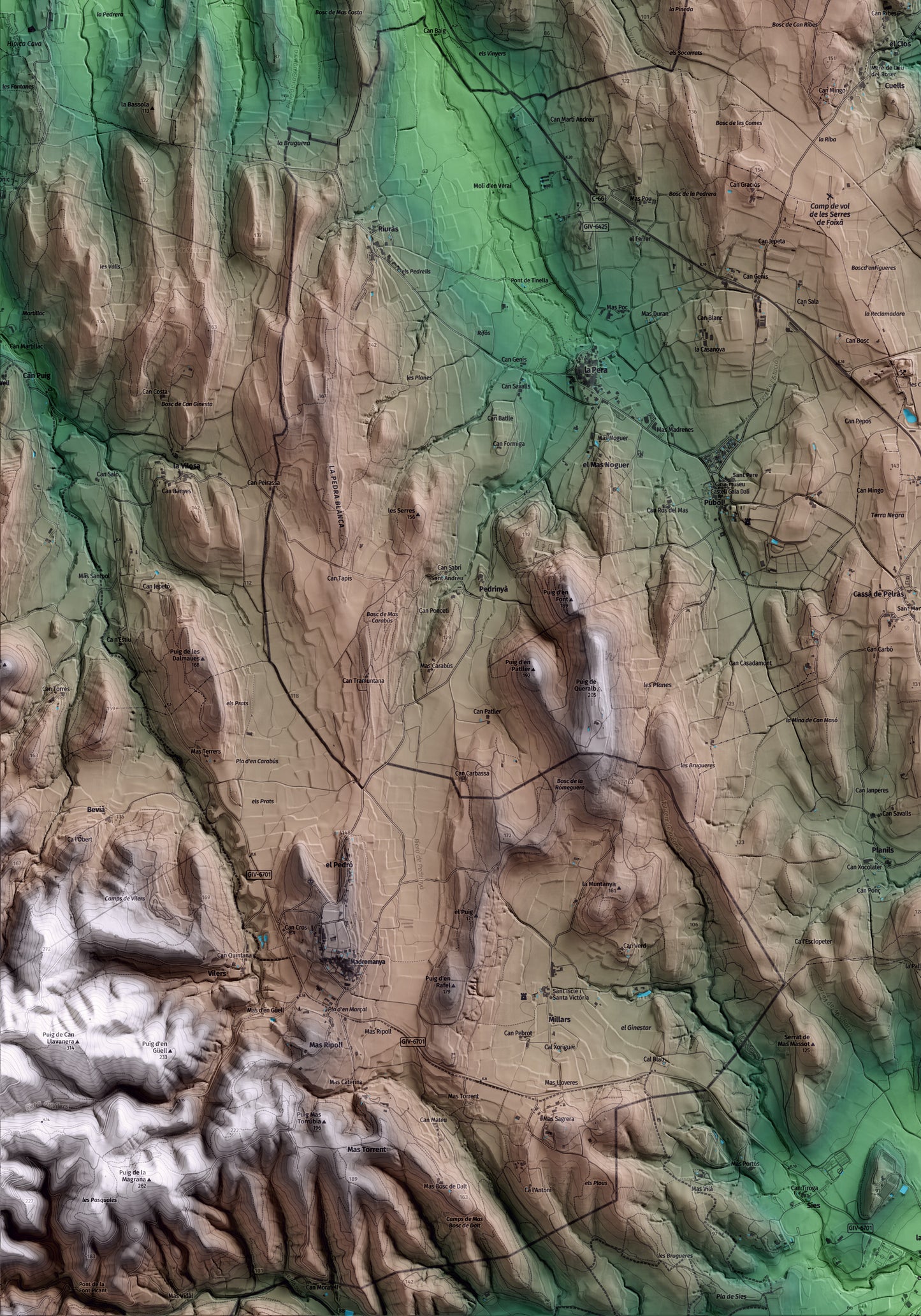 Mapa artístico del relieve de Foixà, al Baix Empordà, con 15 km de entorno y base topográfica ICGC. Detalle de la zona inferior izquierda.