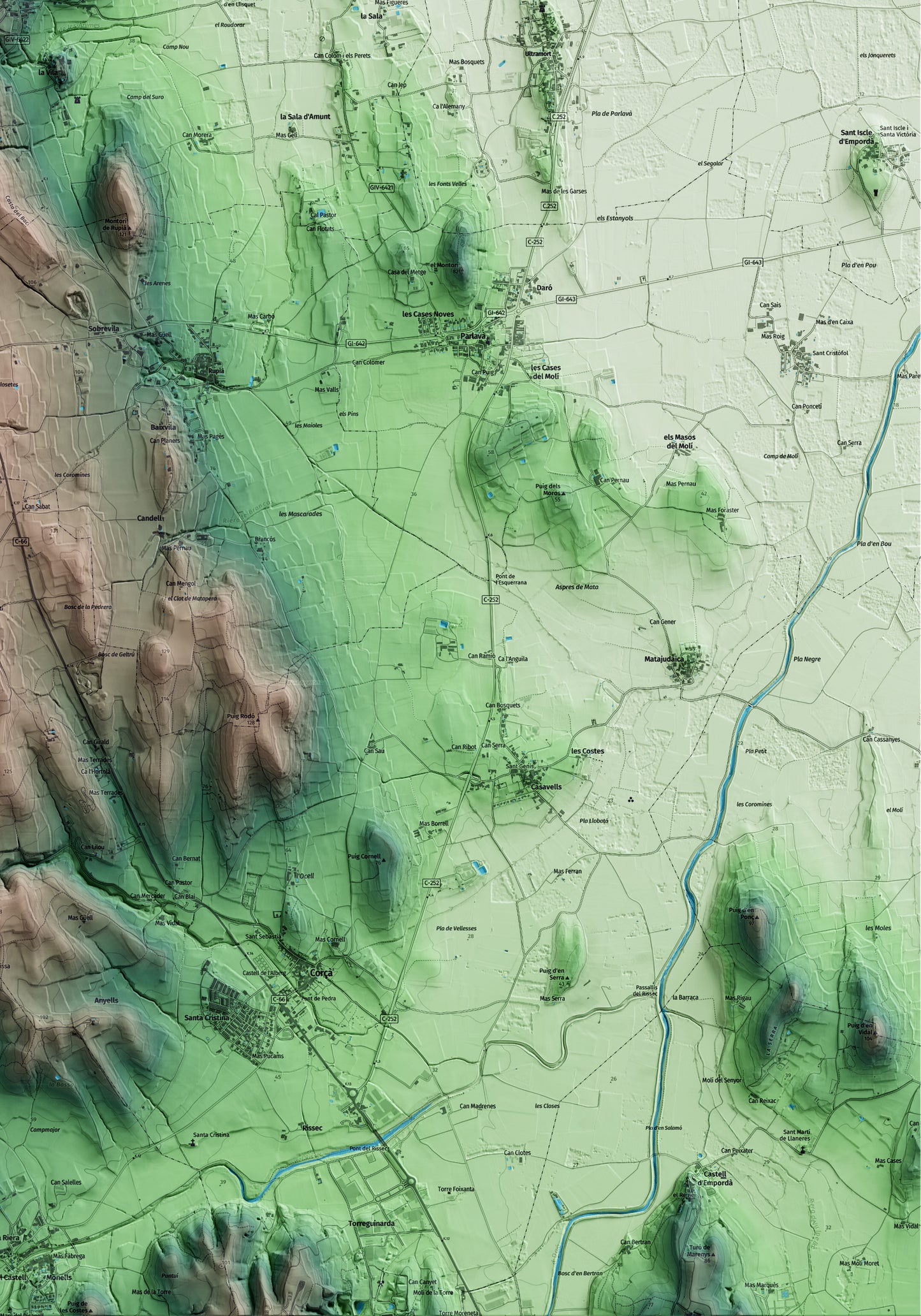 Mapa artístico del relieve de Foixà, al Baix Empordà, con 15 km de entorno y base topográfica ICGC. Detalle de la zona inferior derecha.