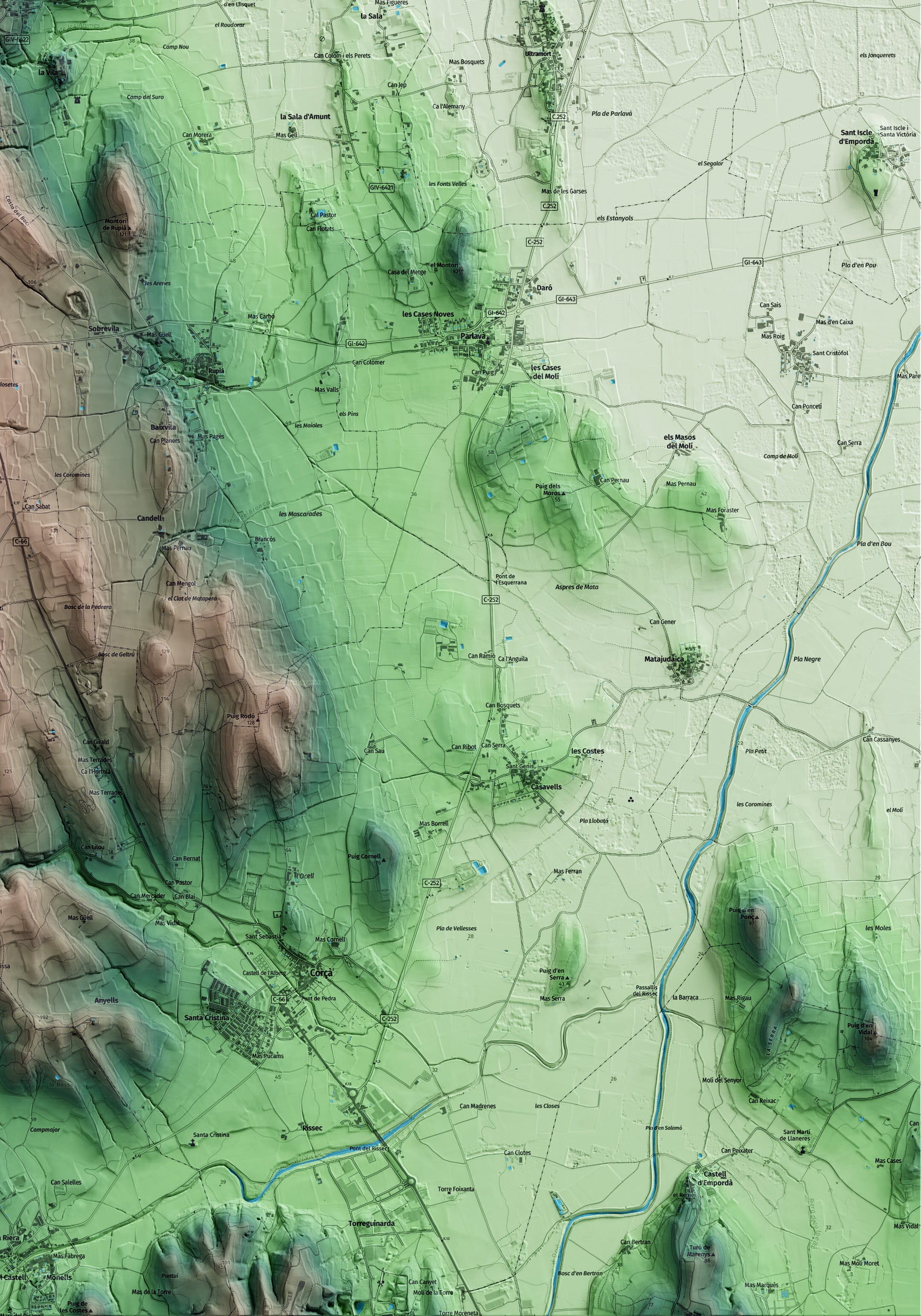 Mapa artístico del relieve de Foixà, al Baix Empordà, con 15 km de entorno y base topográfica ICGC. Detalle de la zona inferior derecha.