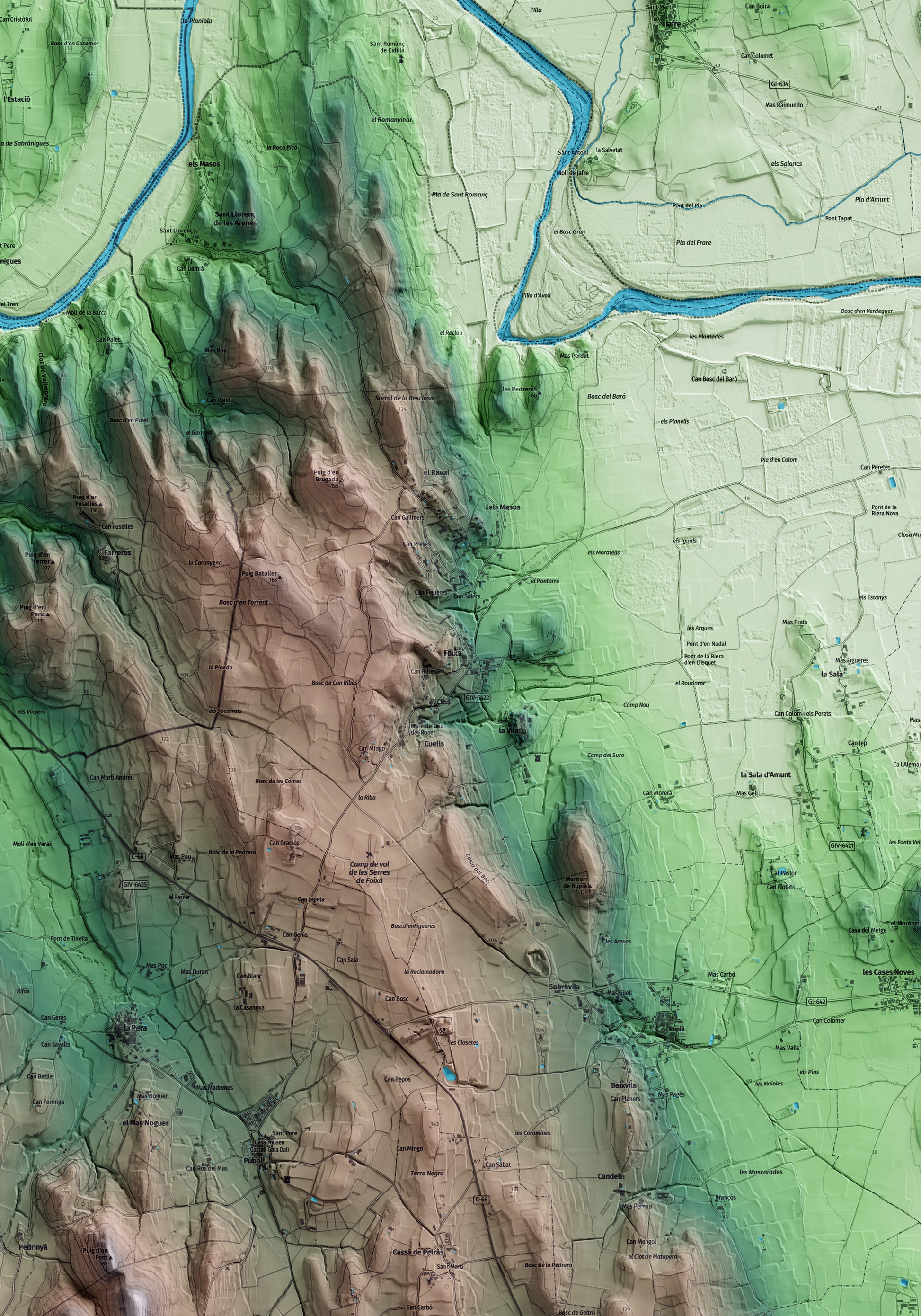 Mapa artístico del relieve de Foixà, al Baix Empordà, con 15 km de entorno y base topográfica ICGC. Detalle de la zona central.