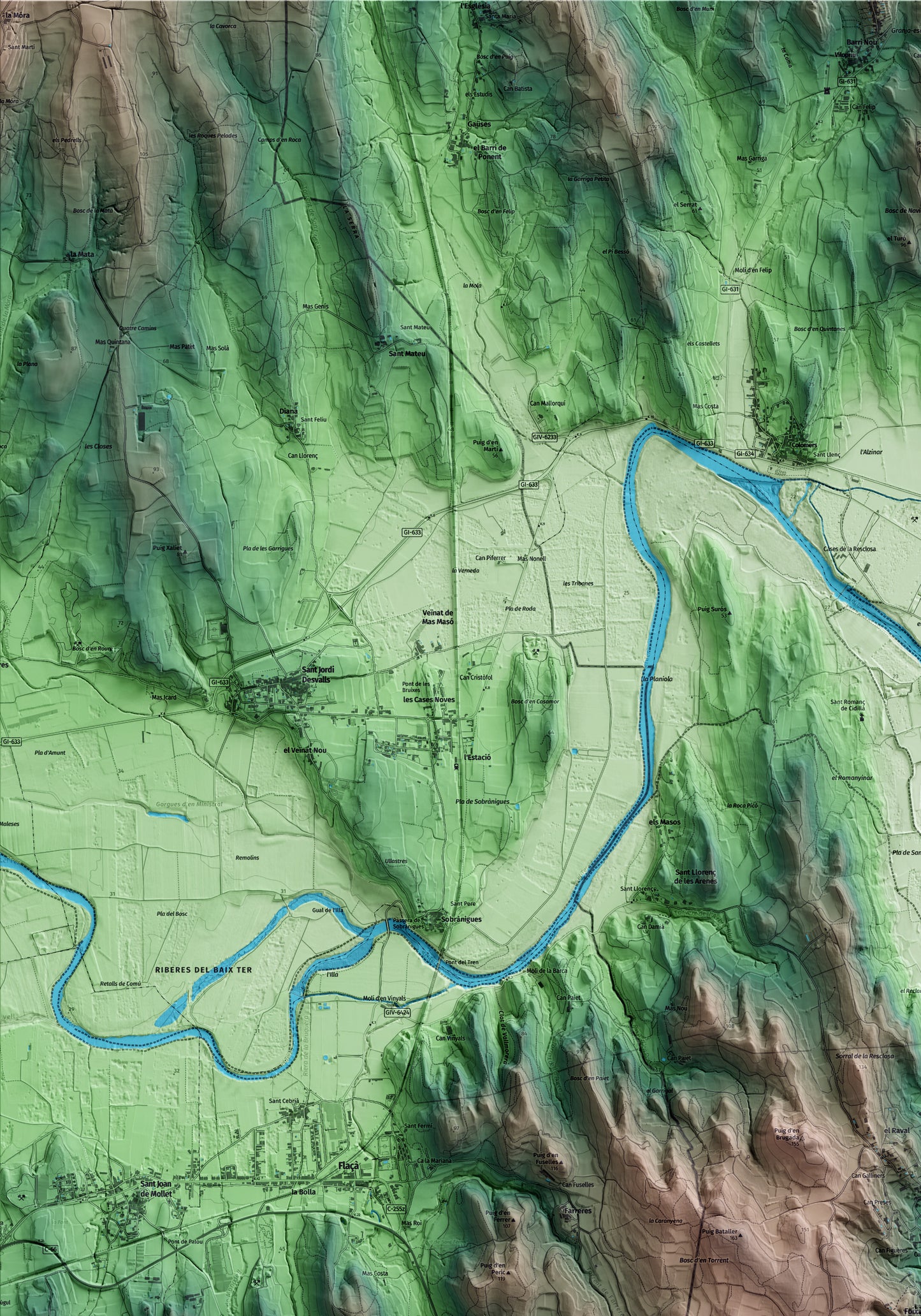 Mapa artístico del relieve de Foixà, al Baix Empordà, con 15 km de entorno y base topográfica ICGC. Detalle de la zona superior izquierda.