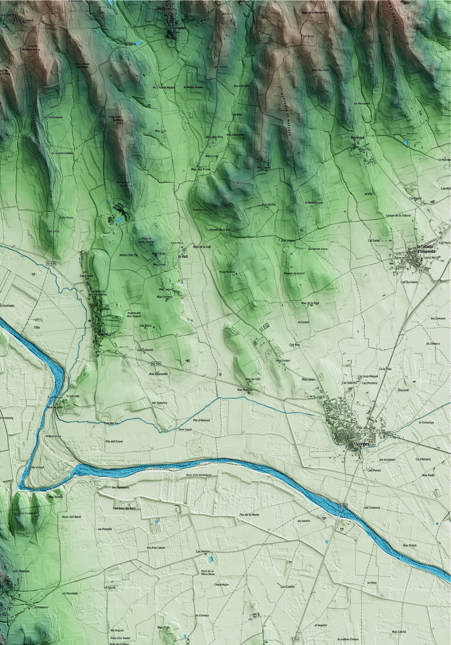 Mapa artístico del relieve de Foixà, al Baix Empordà, con 15 km de entorno y base topográfica ICGC. Detalle de la zona superior derecha.