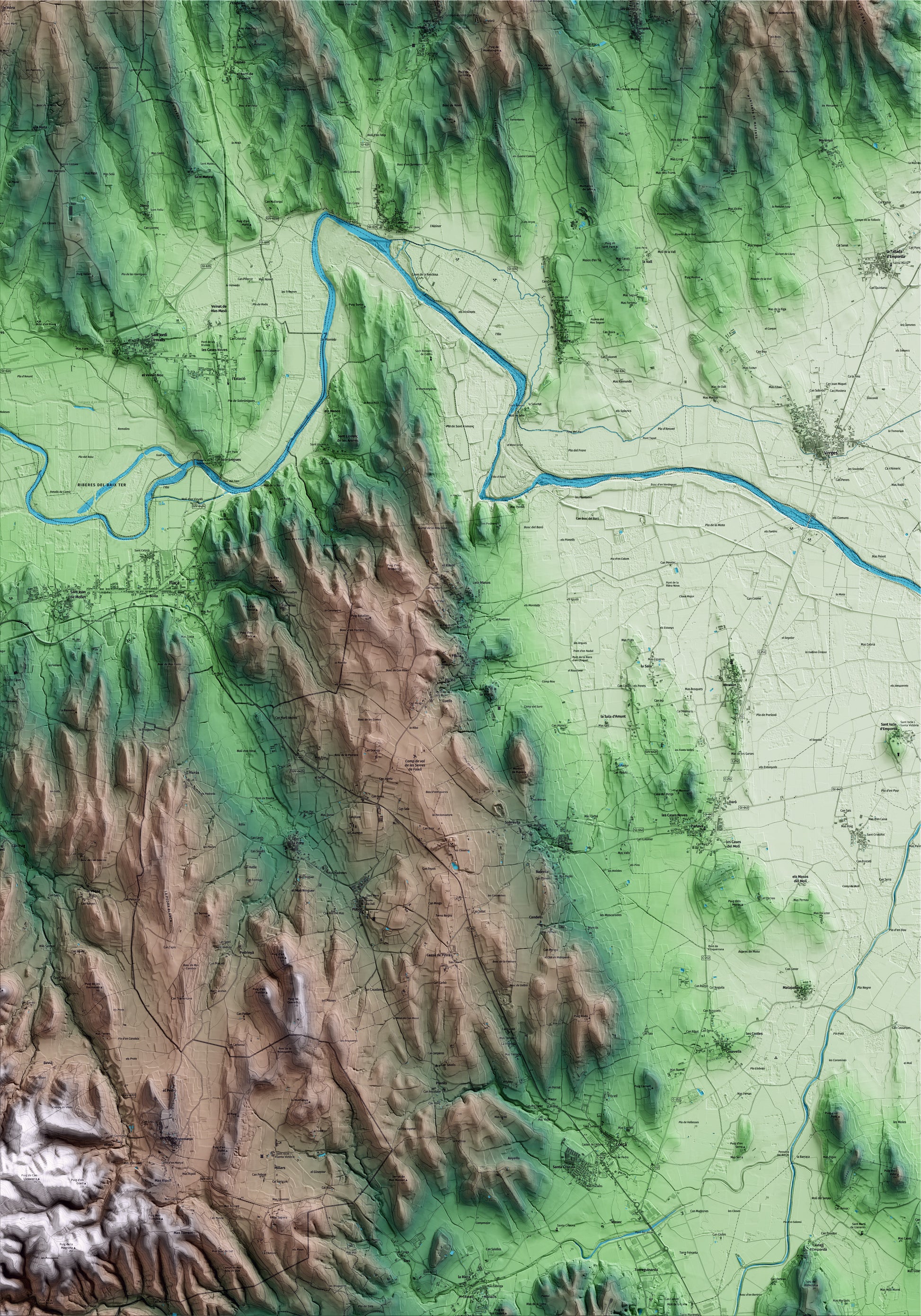 Mapa artístico del relieve de Foixà, al Baix Empordà, con 15 km de entorno y base topográfica ICGC