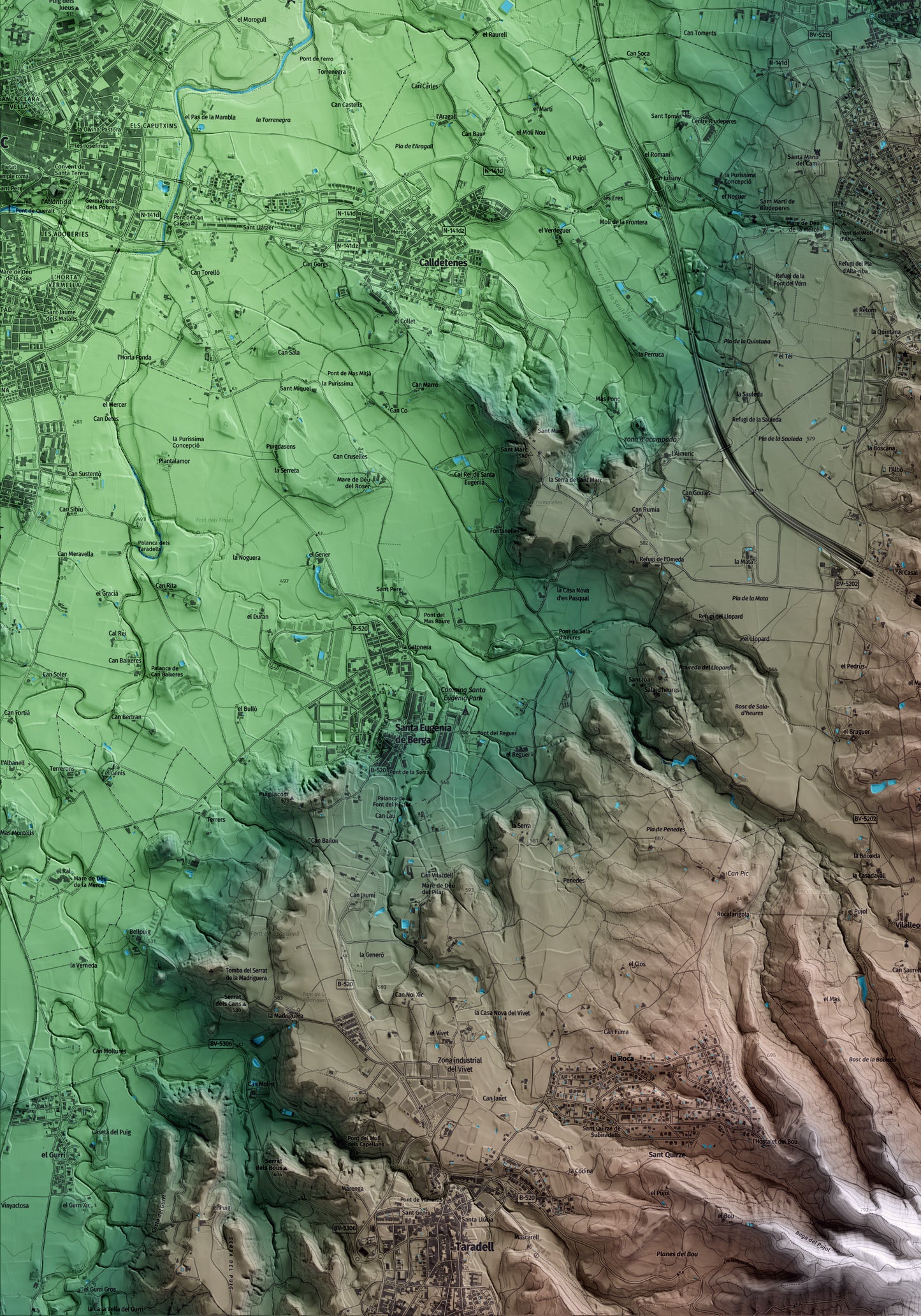 Mapa artístico del relieve de Folgueroles, a Osona, con 15 km de entorno y base topográfica ICGC. Detalle de la zona inferior izquierda.
