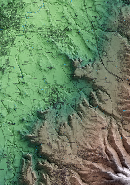 Mapa artístico del relieve de Folgueroles, a Osona, con 15 km de entorno y base topográfica ICGC. Detalle de la zona inferior izquierda.