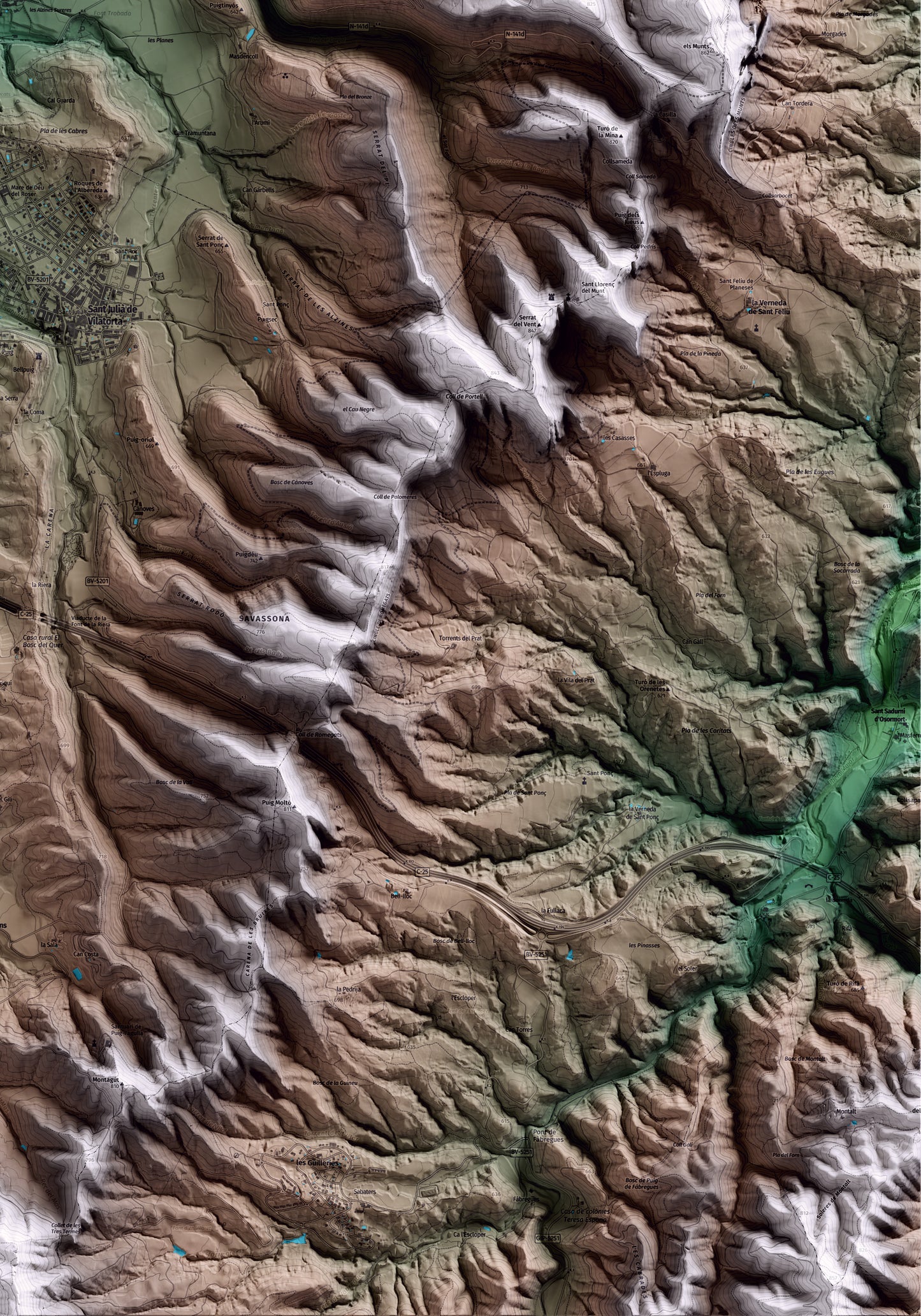 Mapa artístico del relieve de Folgueroles, a Osona, con 15 km de entorno y base topográfica ICGC. Detalle de la zona inferior derecha.