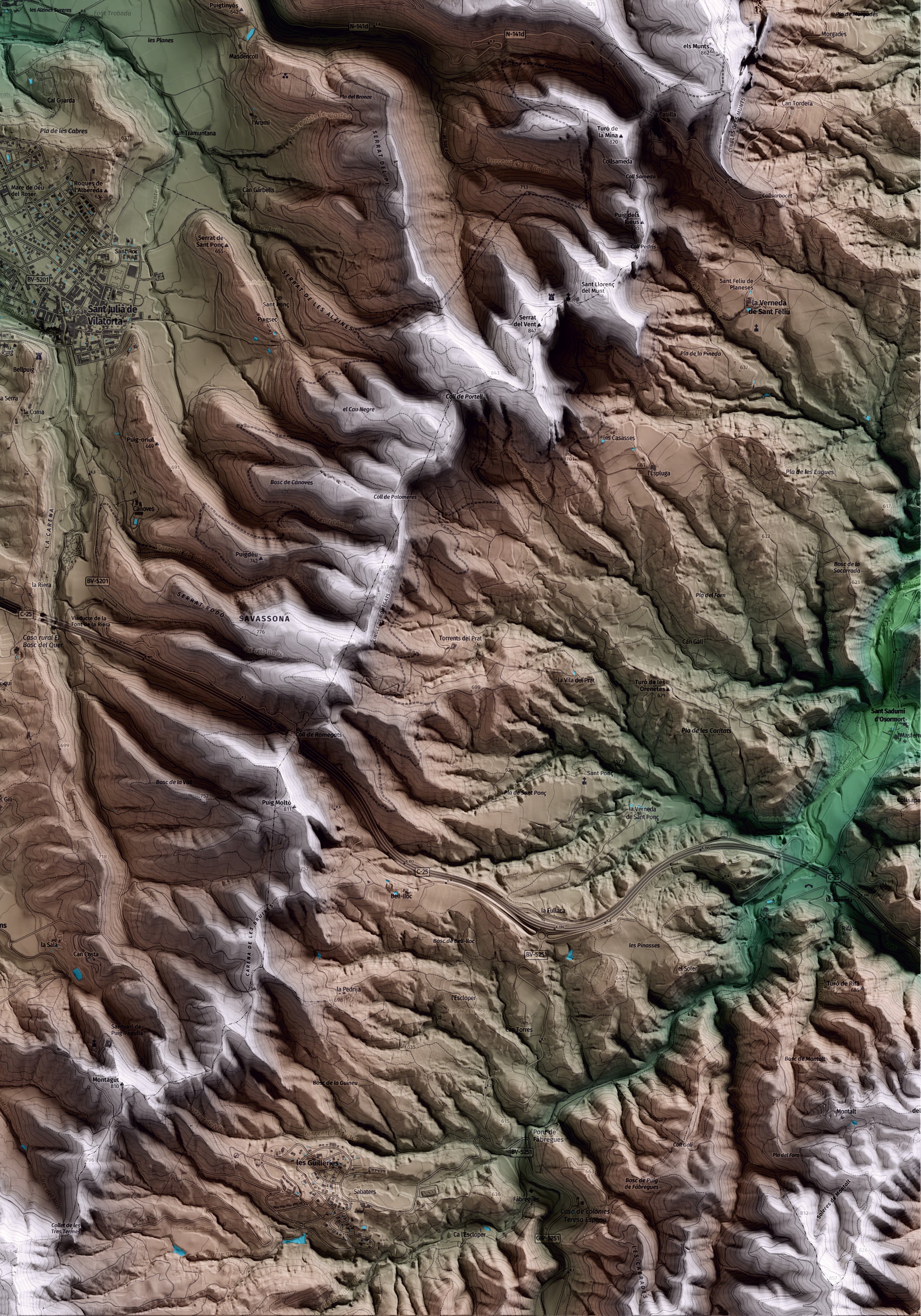 Mapa artístico del relieve de Folgueroles, a Osona, con 15 km de entorno y base topográfica ICGC. Detalle de la zona inferior derecha.