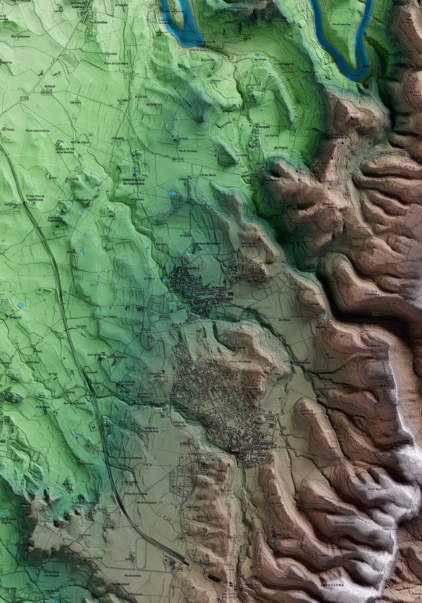 Mapa artístico del relieve de Folgueroles, a Osona, con 15 km de entorno y base topográfica ICGC. Detalle de la zona central.