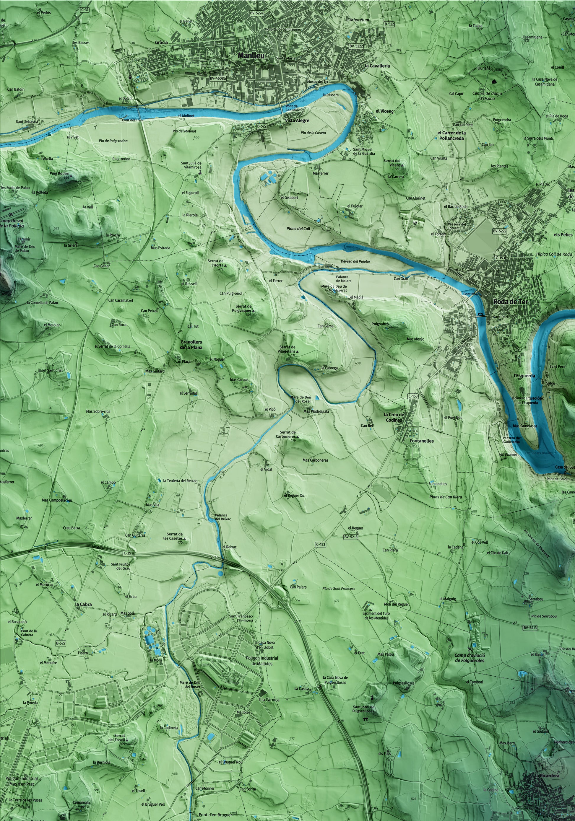 Mapa artístico del relieve de Folgueroles, a Osona, con 15 km de entorno y base topográfica ICGC. Detalle de la zona superior izquierda.