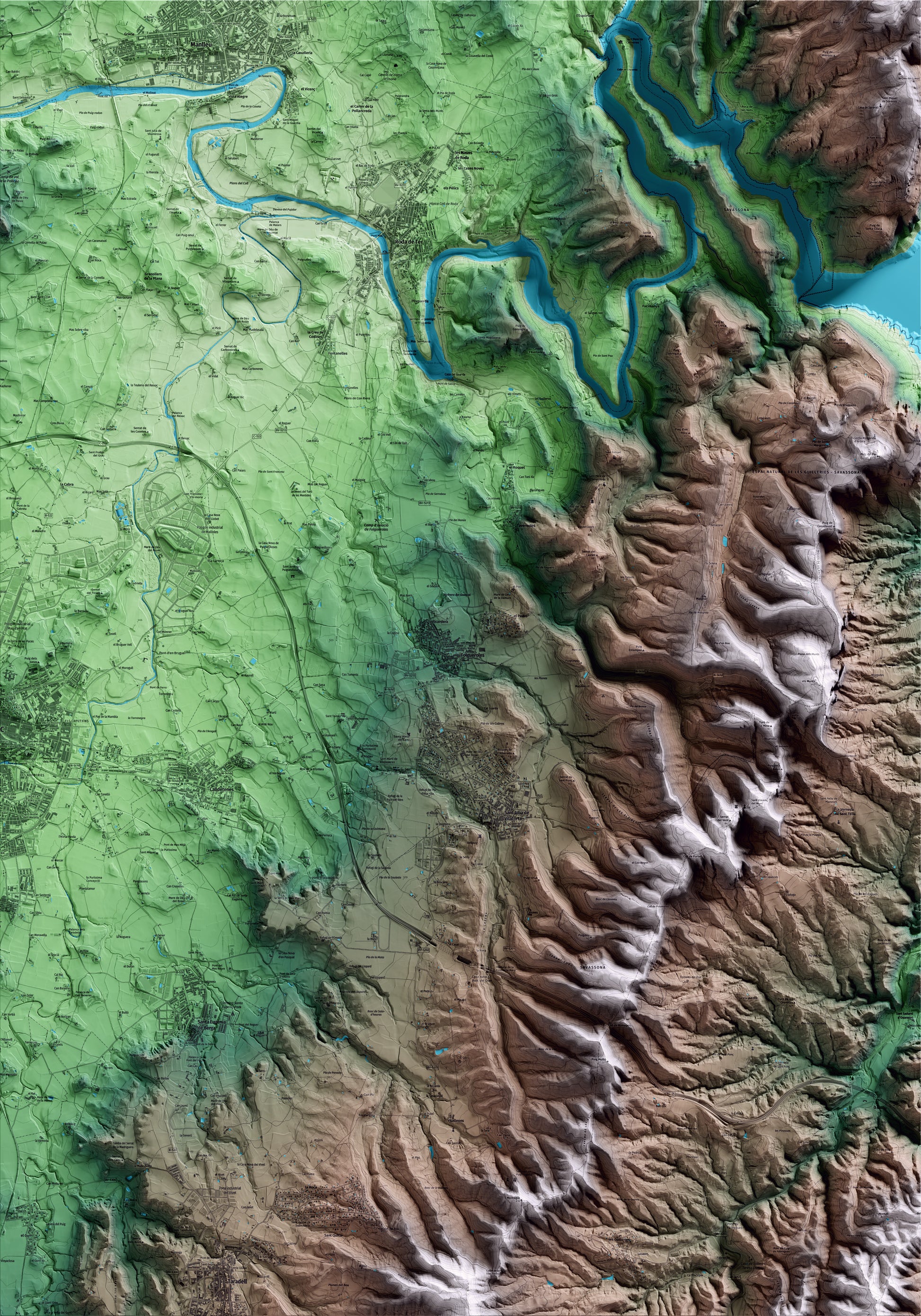 Mapa artístico del relieve de Folgueroles, a Osona, con 15 km de entorno y base topográfica ICGC