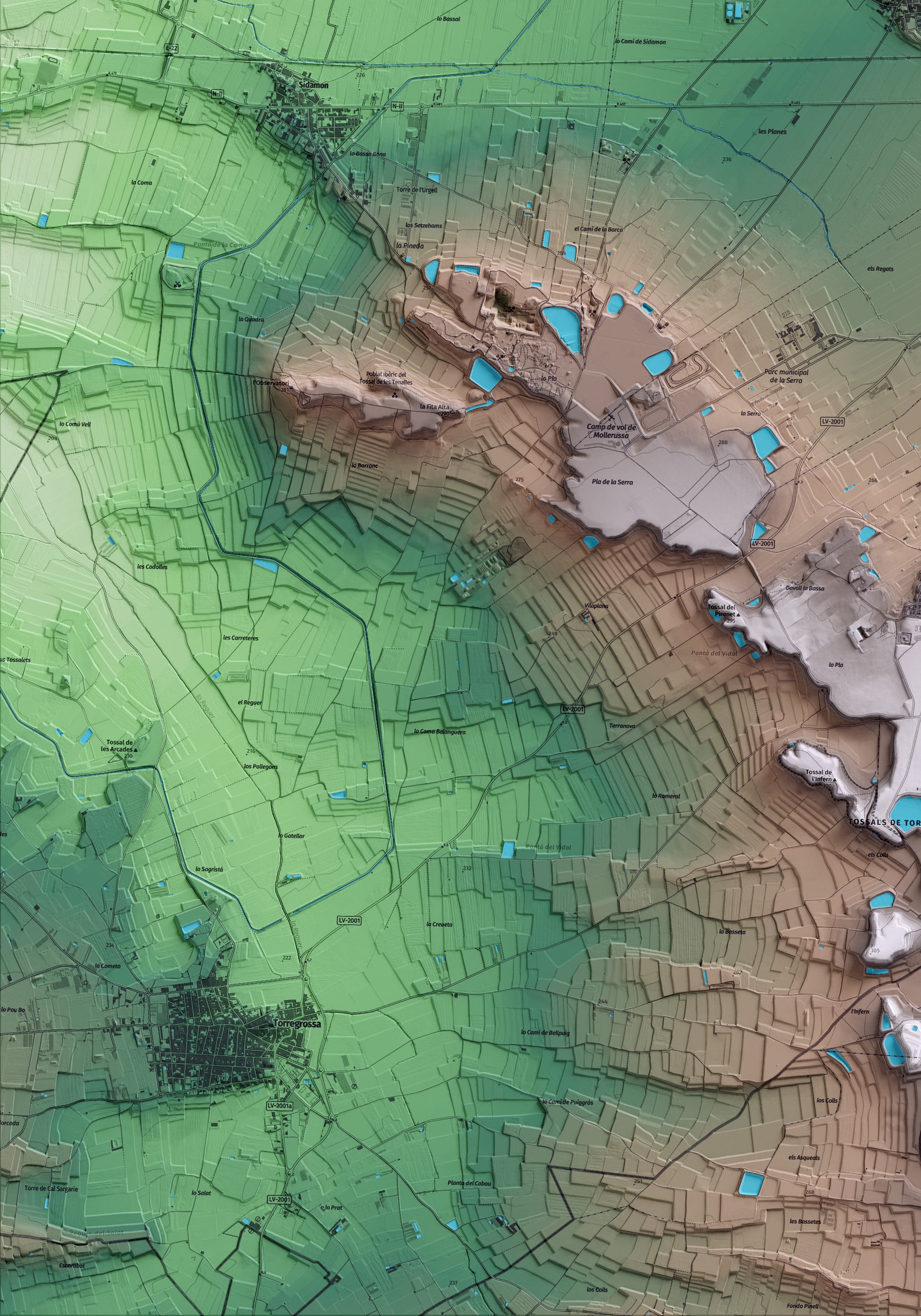 Mapa artístico del relieve de Fondarella, en el Pla d'Urgell, con 15 km de entorno y base topográfica ICGC. Detalle de la zona inferior izquierda.