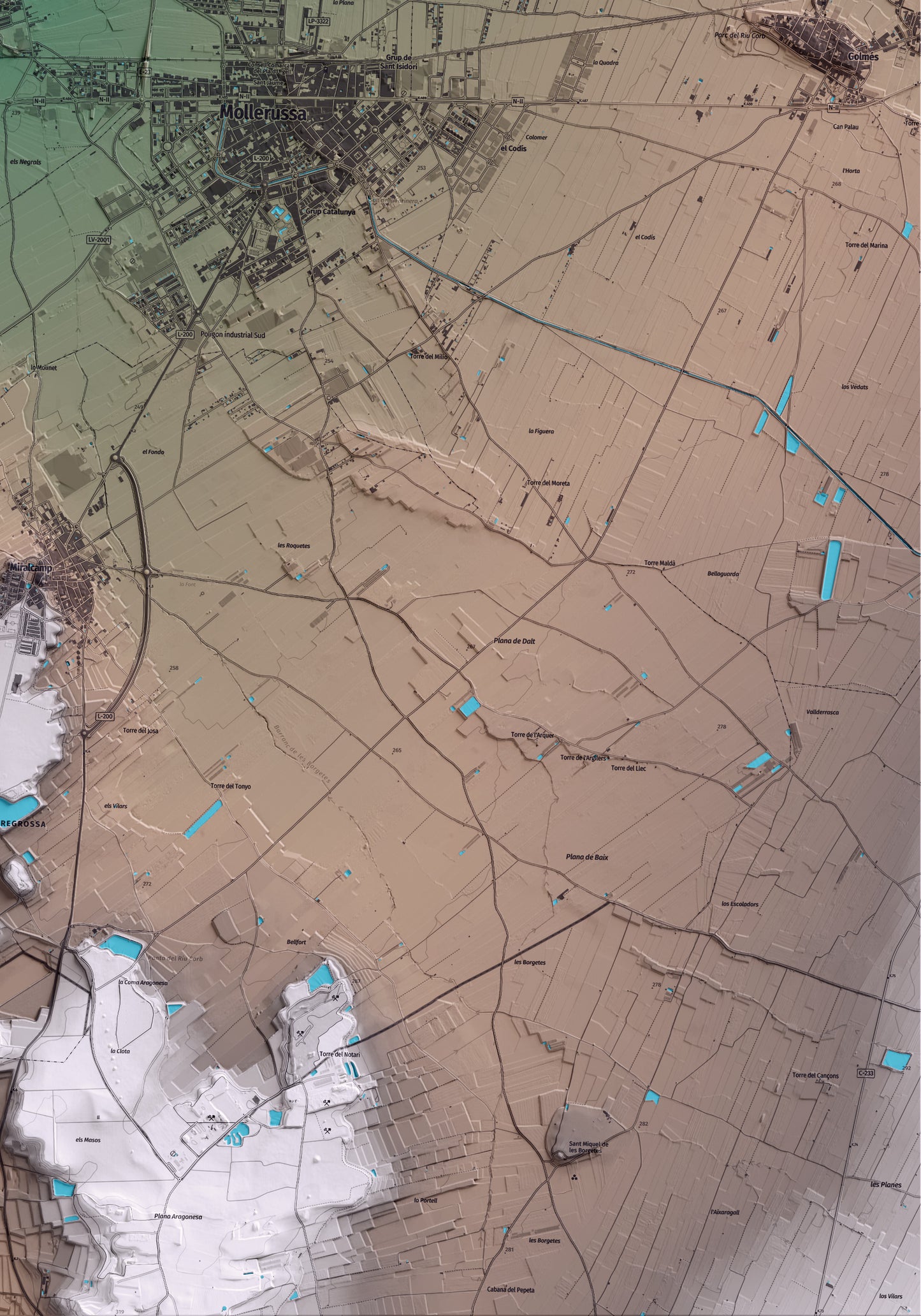 Mapa artístico del relieve de Fondarella, en el Pla d'Urgell, con 15 km de entorno y base topográfica ICGC. Detalle de la zona inferior derecha.