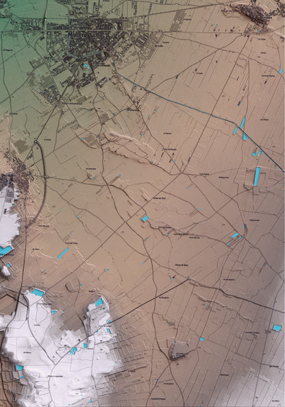 Mapa artístico del relieve de Fondarella, en el Pla d'Urgell, con 15 km de entorno y base topográfica ICGC. Detalle de la zona inferior derecha.