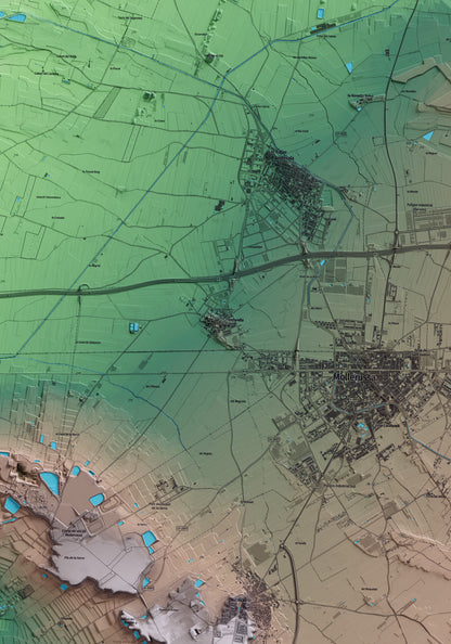 Mapa artístico del relieve de Fondarella, en el Pla d'Urgell, con 15 km de entorno y base topográfica ICGC. Detalle de la zona central.