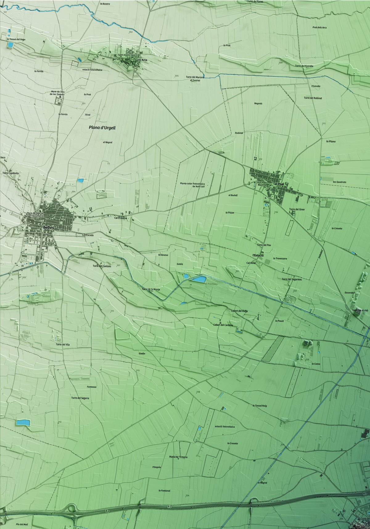 Mapa artístico del relieve de Fondarella, en el Pla d'Urgell, con 15 km de entorno y base topográfica ICGC. Detalle de la zona superior izquierda.