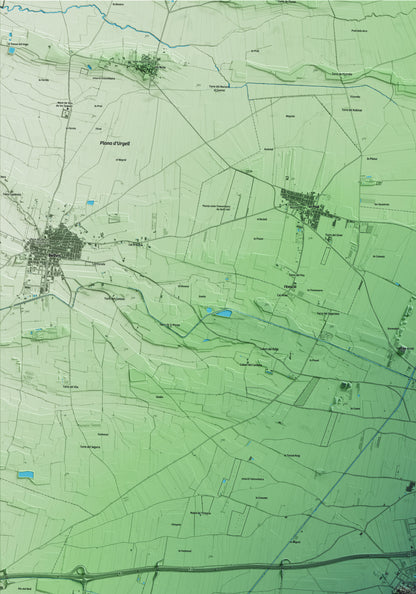 Mapa artístico del relieve de Fondarella, en el Pla d'Urgell, con 15 km de entorno y base topográfica ICGC. Detalle de la zona superior izquierda.
