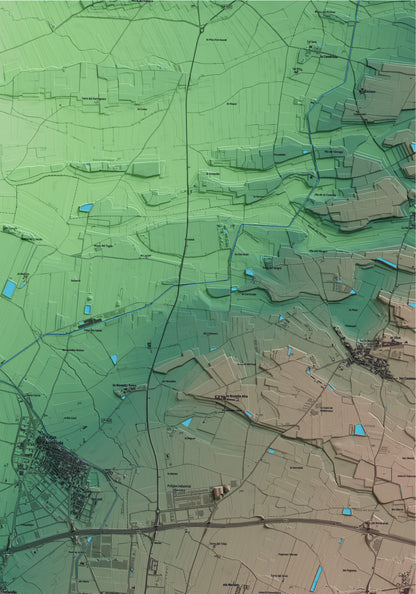 Mapa artístico del relieve de Fondarella, en el Pla d'Urgell, con 15 km de entorno y base topográfica ICGC. Detalle de la zona superior derecha.