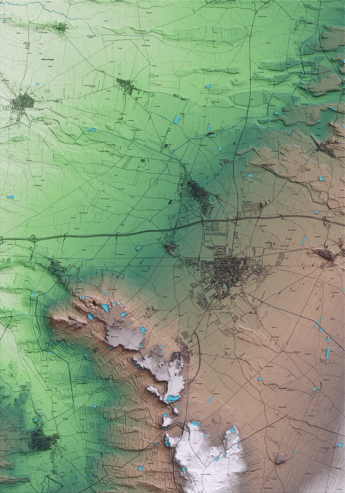 Mapa artístico del relieve de Fondarella, en el Pla d'Urgell, con 15 km de entorno y base topográfica ICGC