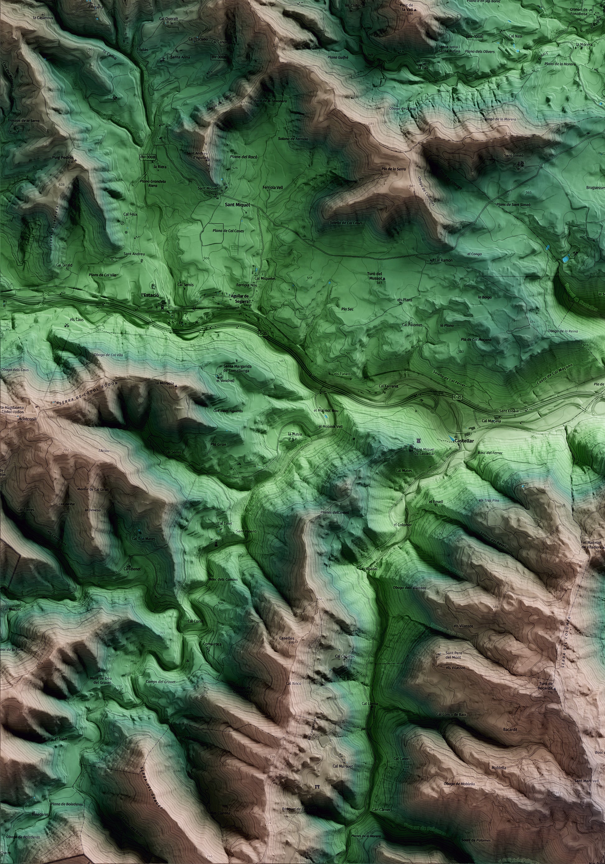 Mapa artístico del relieve de Fonollosa, al Bages, con 15 km de entorno y base topográfica ICGC. Detalle de la zona inferior izquierda.