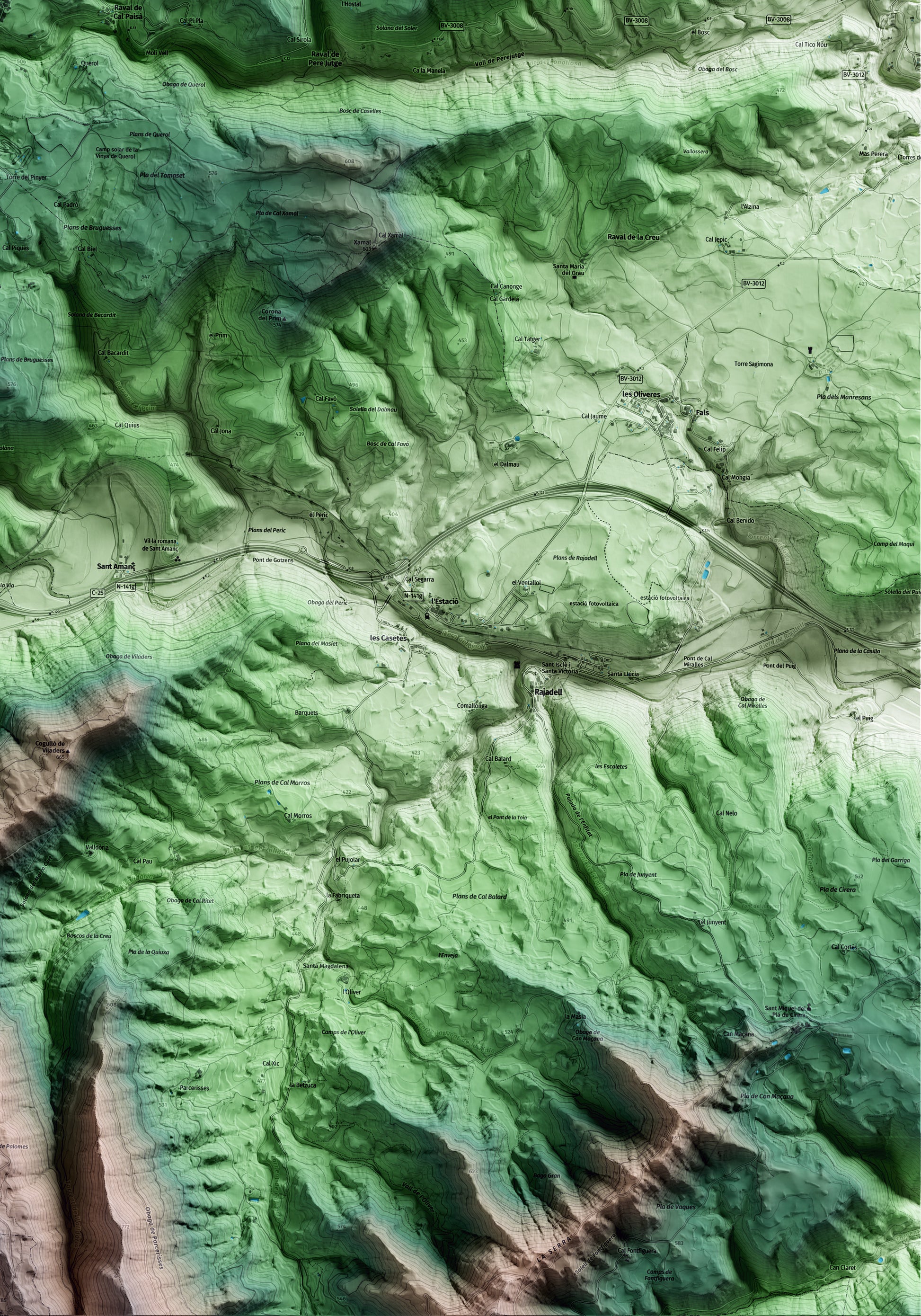 Mapa artístico del relieve de Fonollosa, al Bages, con 15 km de entorno y base topográfica ICGC. Detalle de la zona inferior derecha.