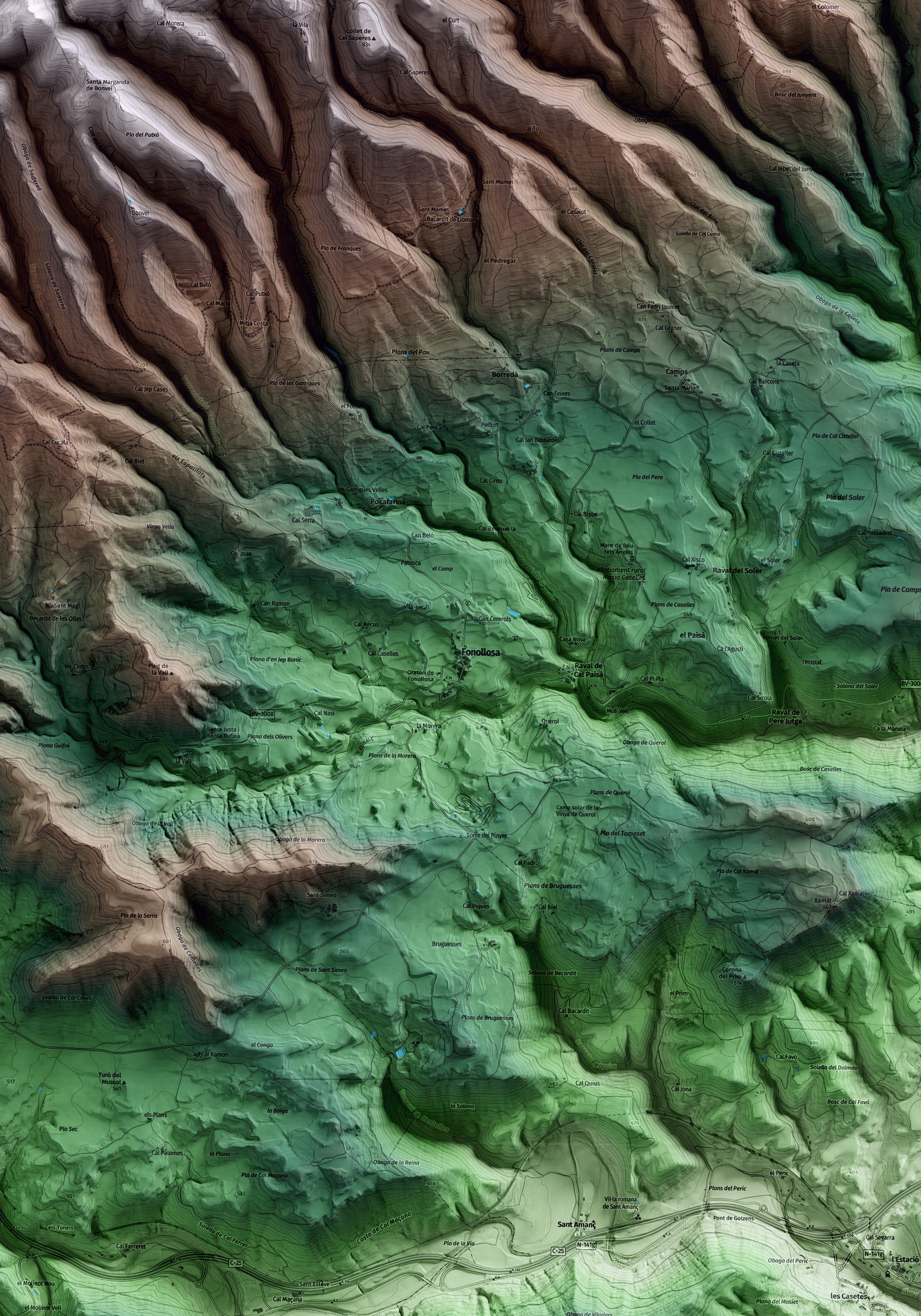Mapa artístico del relieve de Fonollosa, al Bages, con 15 km de entorno y base topográfica ICGC. Detalle de la zona central.