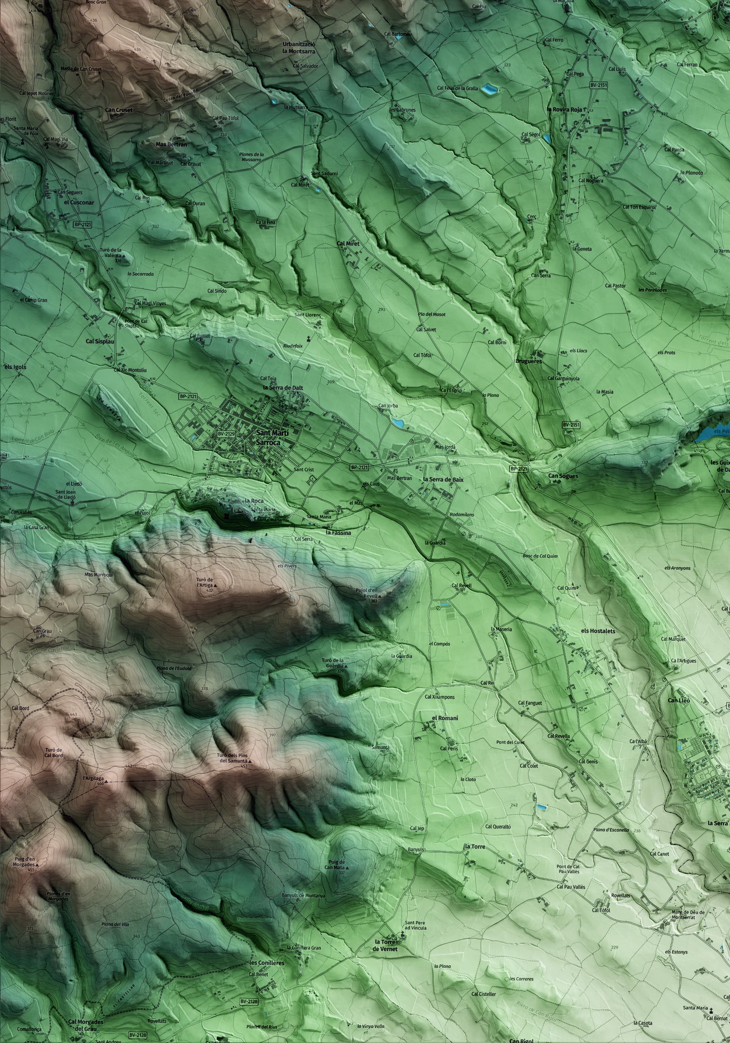 Mapa artístico del relieve de Font-rubí, al Alt Penedès, con 15 km de entorno y base topográfica ICGC. Detalle de la zona inferior izquierda.