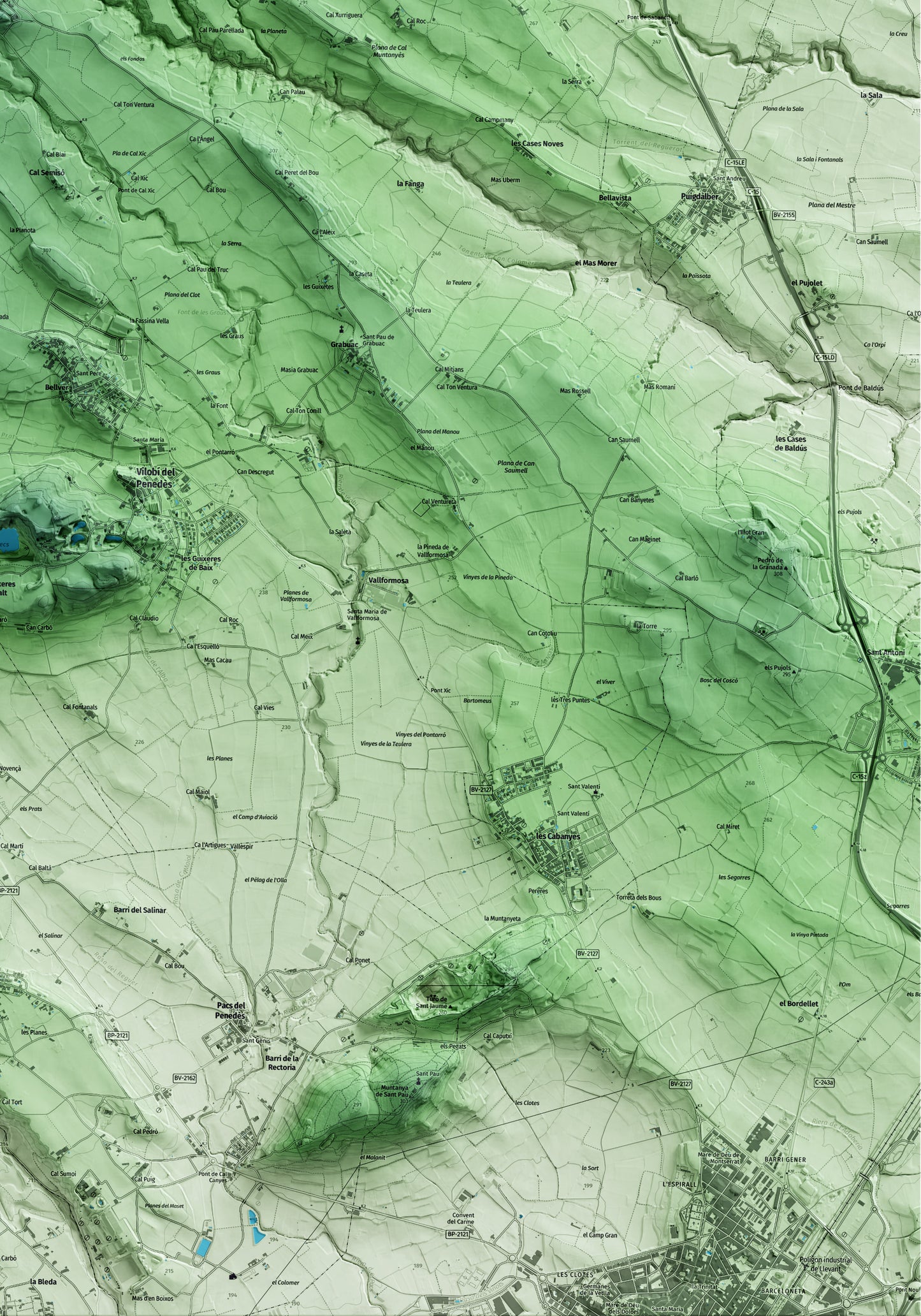 Mapa artístico del relieve de Font-rubí, al Alt Penedès, con 15 km de entorno y base topográfica ICGC. Detalle de la zona inferior derecha.