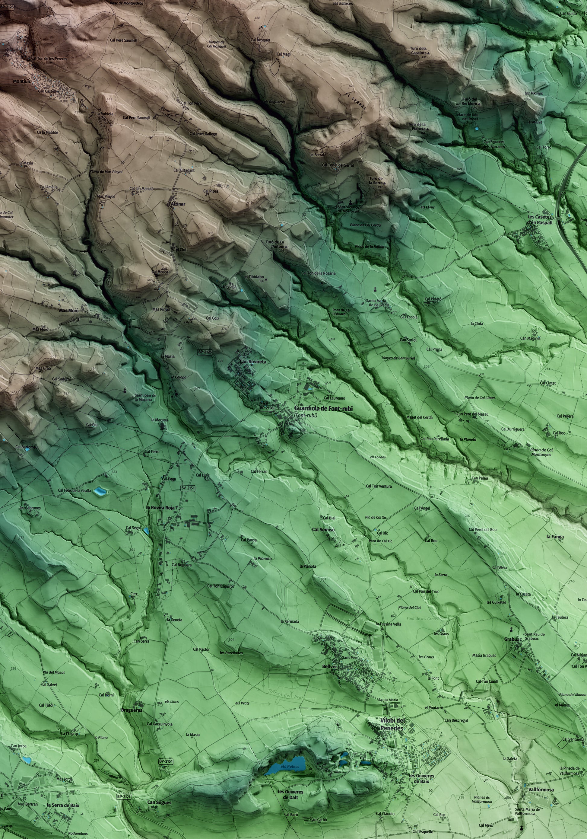 Mapa artístico del relieve de Font-rubí, al Alt Penedès, con 15 km de entorno y base topográfica ICGC. Detalle de la zona central.