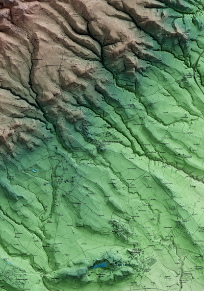 Mapa artístico del relieve de Font-rubí, al Alt Penedès, con 15 km de entorno y base topográfica ICGC. Detalle de la zona central.