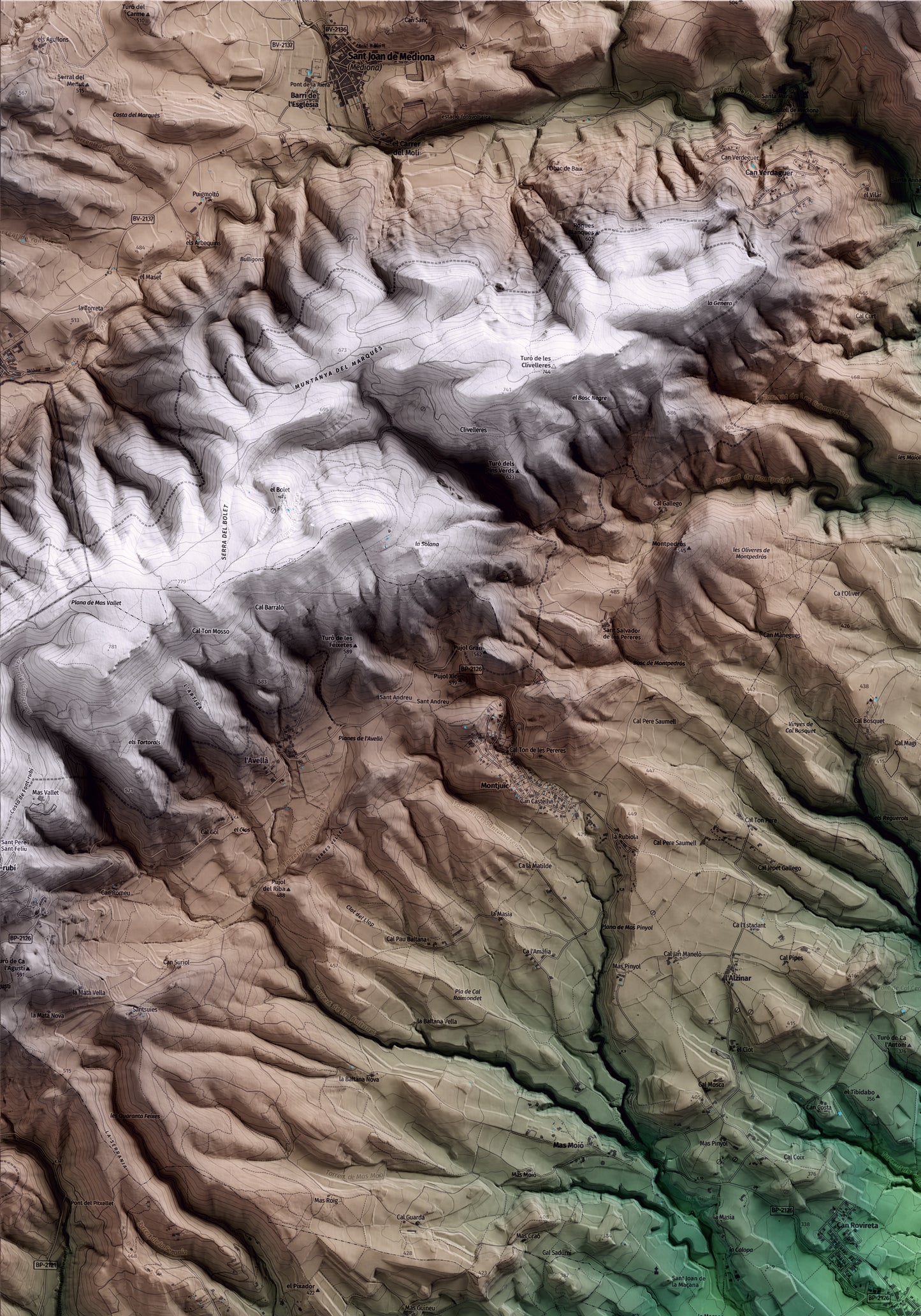 Mapa artístico del relieve de Font-rubí, al Alt Penedès, con 15 km de entorno y base topográfica ICGC. Detalle de la zona superior izquierda.