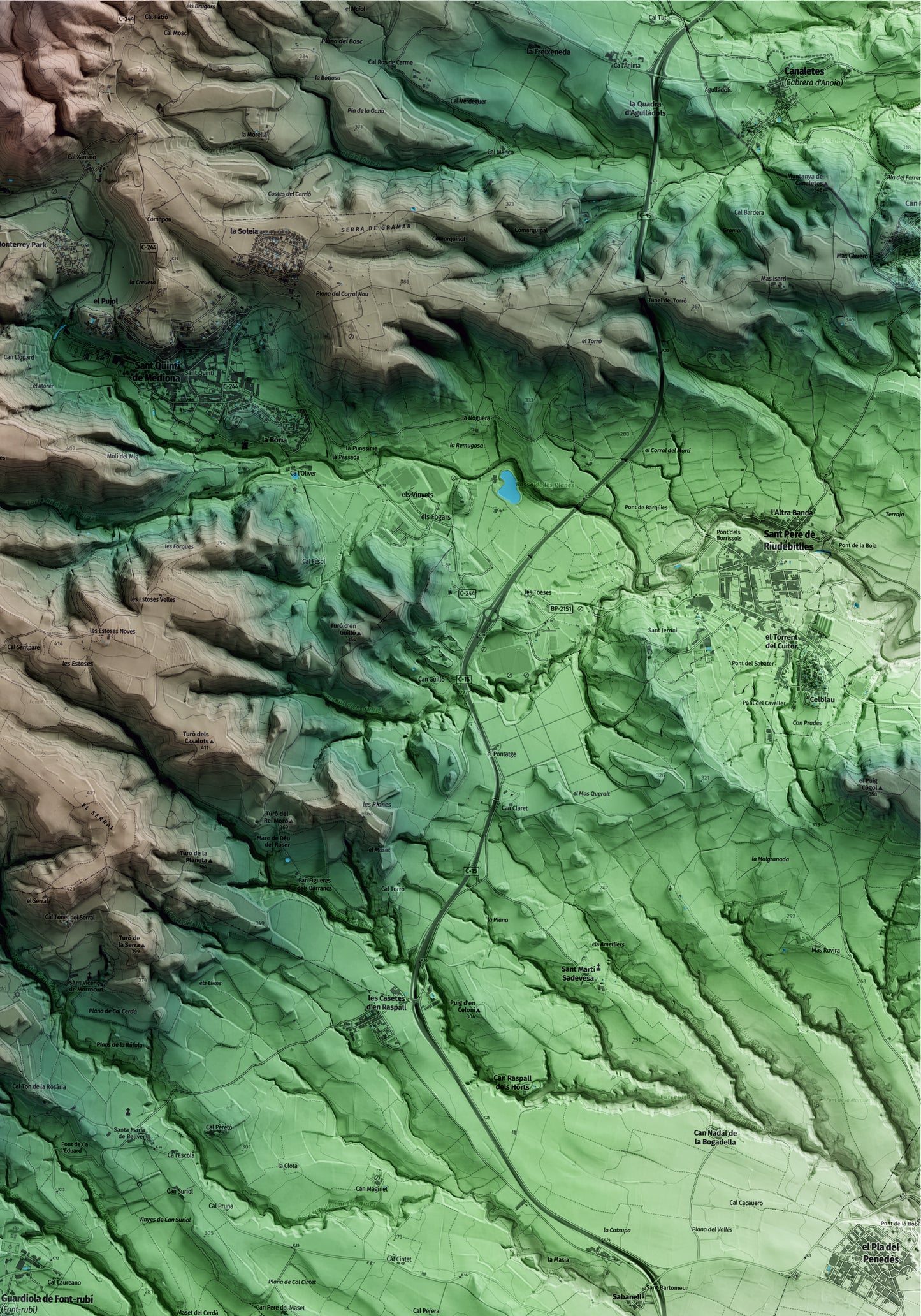 Mapa artístico del relieve de Font-rubí, al Alt Penedès, con 15 km de entorno y base topográfica ICGC. Detalle de la zona superior derecha.